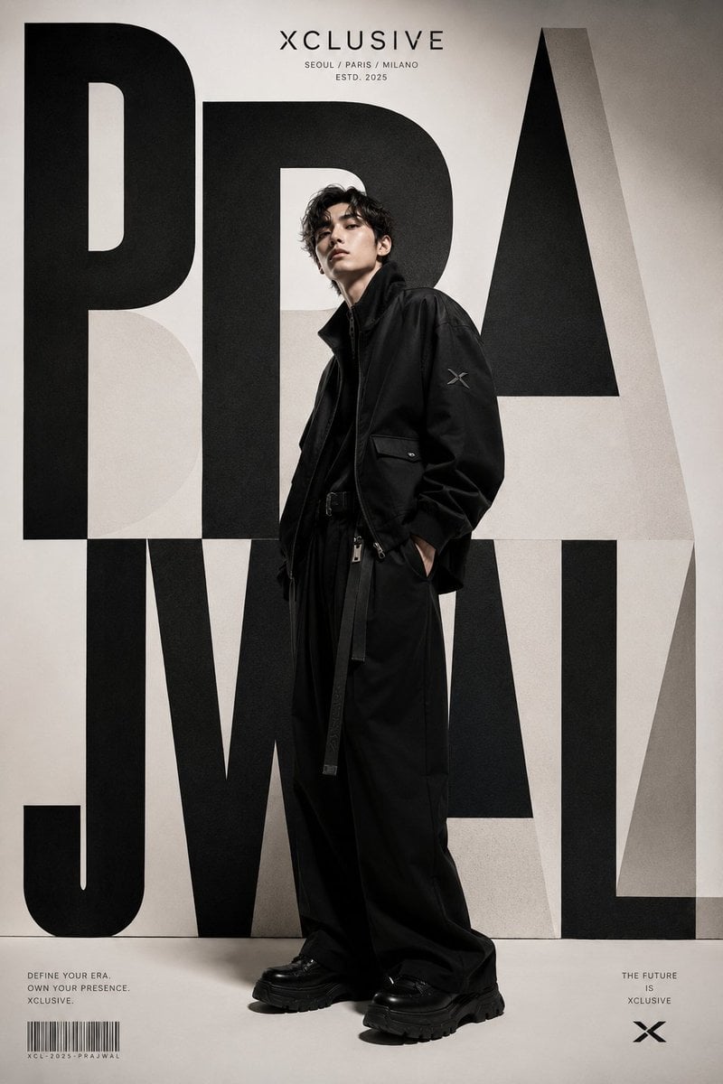 A world-class luxury fashion editorial poster for XCLUSIVE, inspired by contemporary Kore…