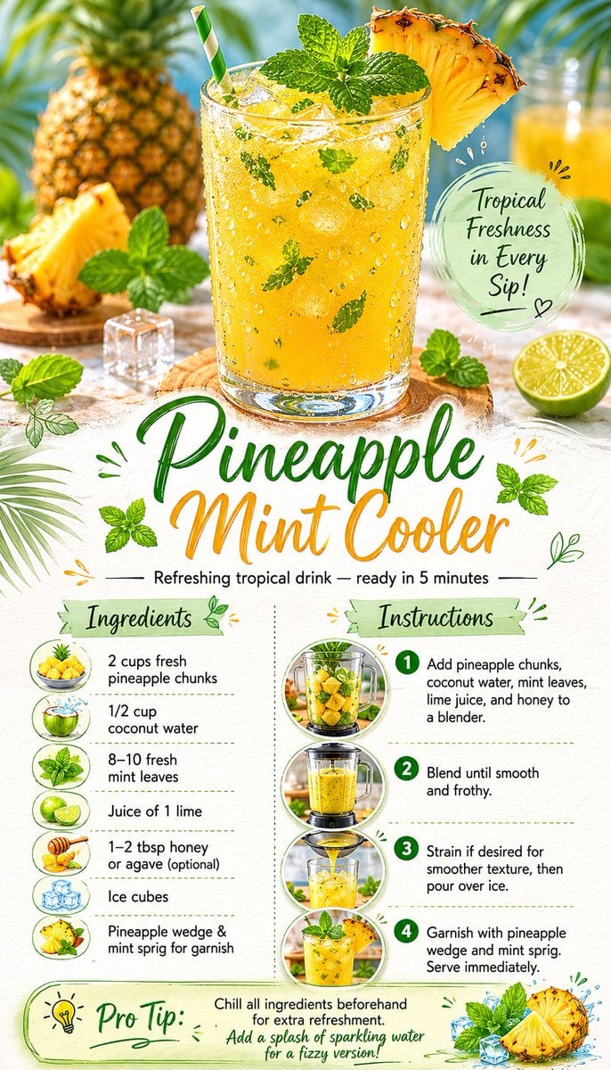 Create a beautiful, vertical recipe card for "Pineapple Mint Cooler" as a vibrant summer …