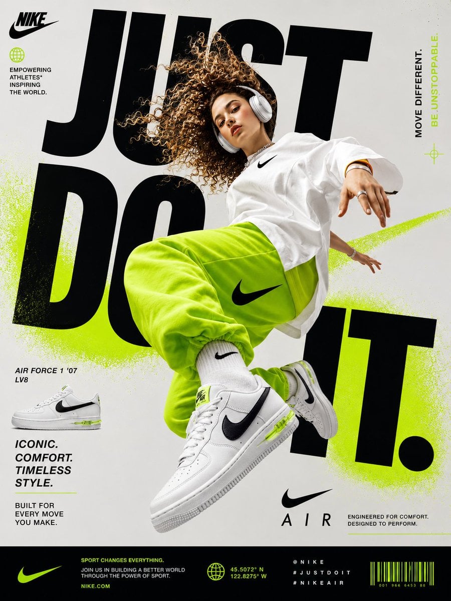 Generate a perfectly graphic designed poster of Nike Shoe advertisement. The character (i…