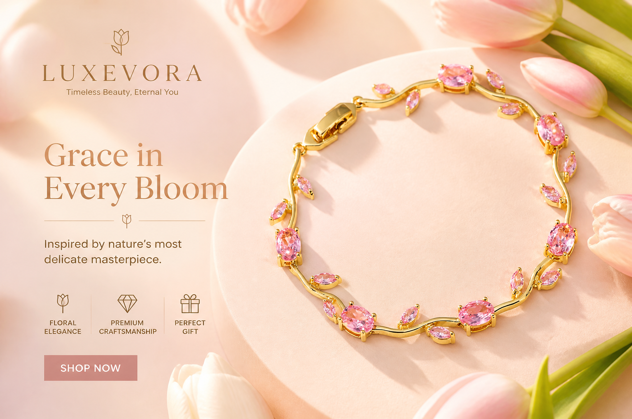 Luxury tulip bracelet advertisement, delicate tulip-inspired bracelet placed on a soft pa…