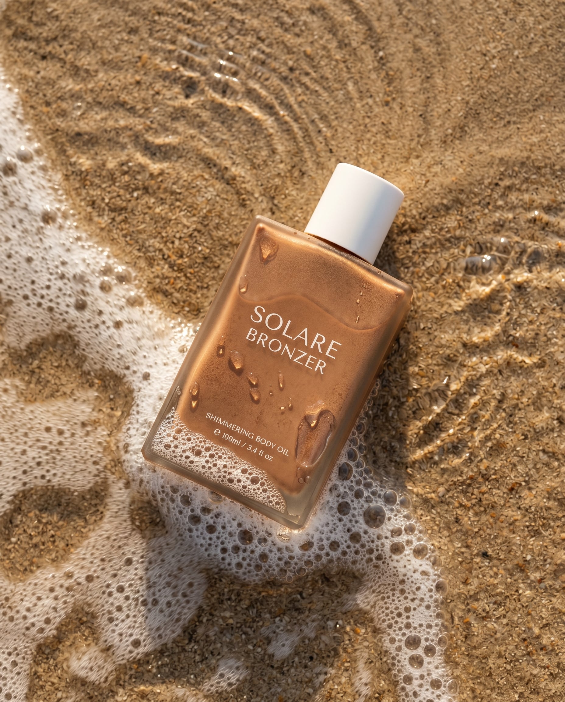Ultra-realistic summer beauty product photography: bronzer bottle. Rectangular matte bott…