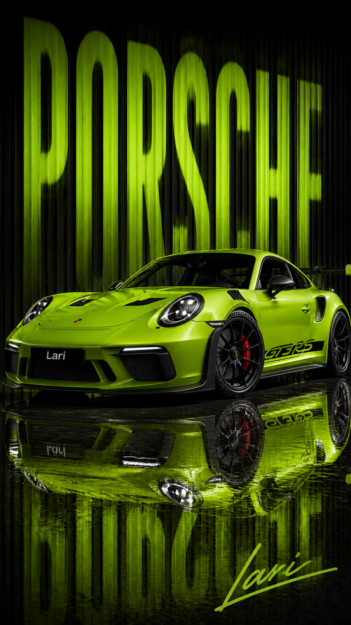 A mixed-media automotive graphic composition centers on a photorealistic acid-lime-green …