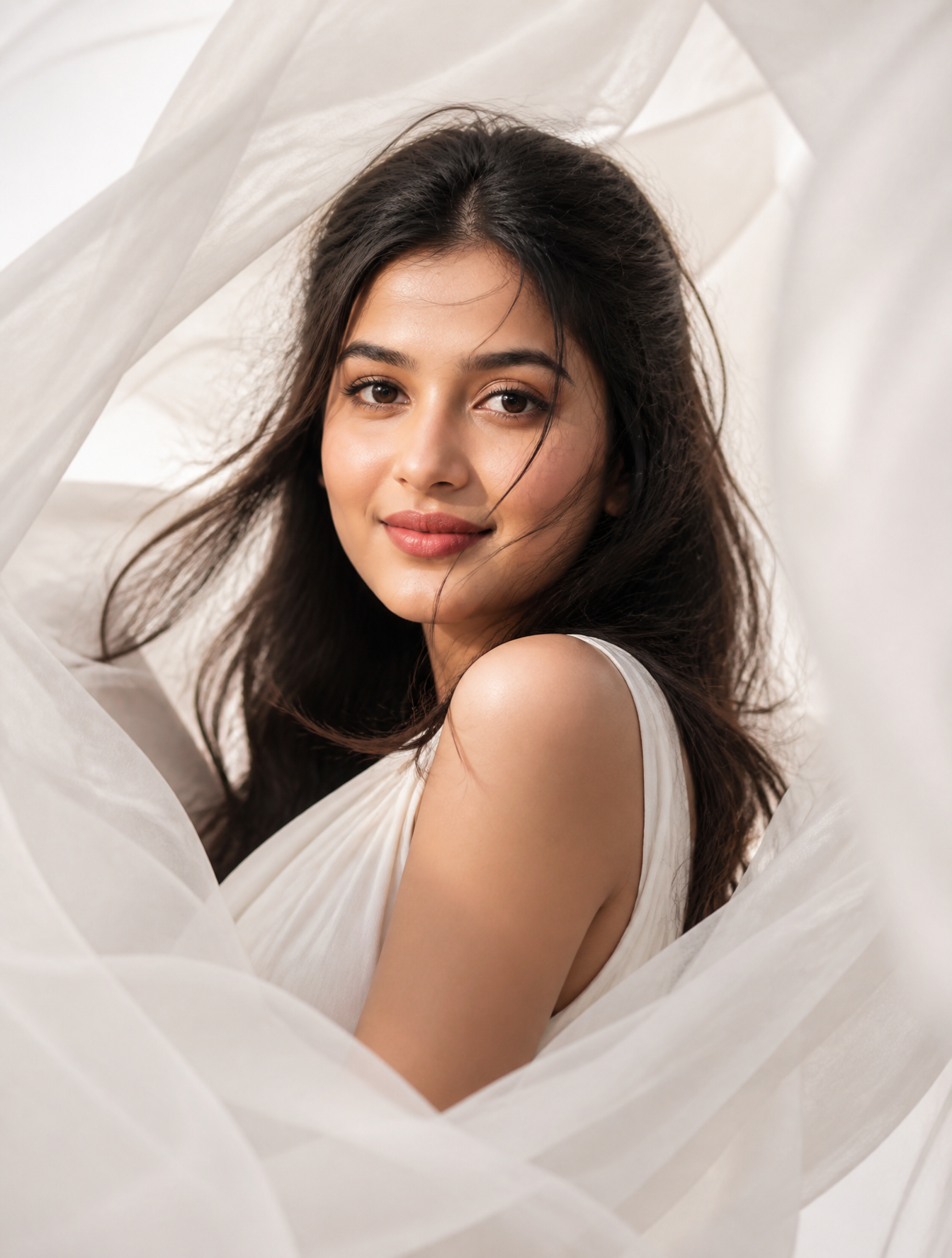 Ultra realistic fashion portrait of a beautiful woman surrounded by flowing translucent w…
