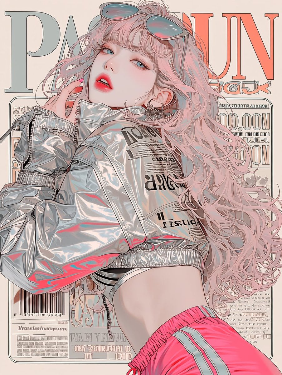 A magazine cover design featuring a [여/남], wearing a metallic silver cropped puffer jacke…