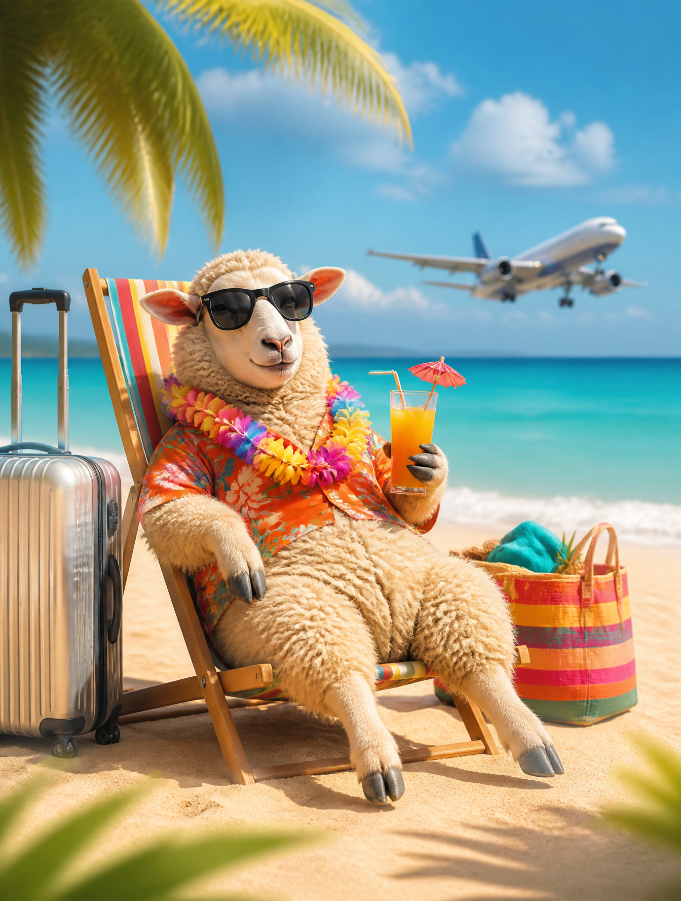 Ultra-realistic tropical Eid vacation scene featuring a fluffy sheep relaxing on a colorf…