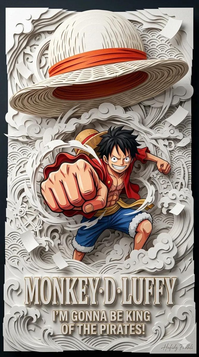 Ultra-detailed 3D layered papercraft anime poster, dynamic anime hero emerging from intri…
