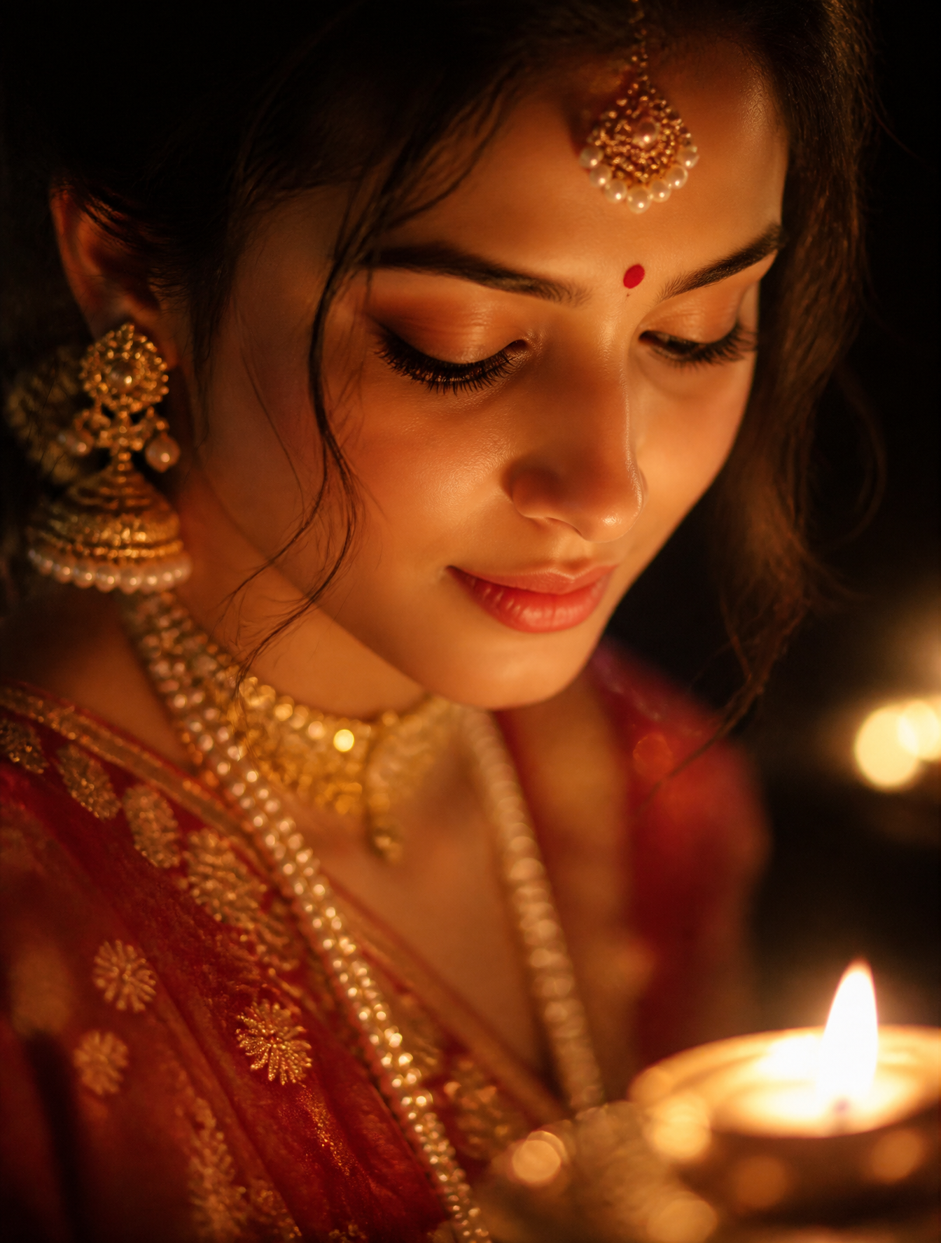 A portrait of a woman in traditional Indian attire is captured in an ethereal, dreamlike …