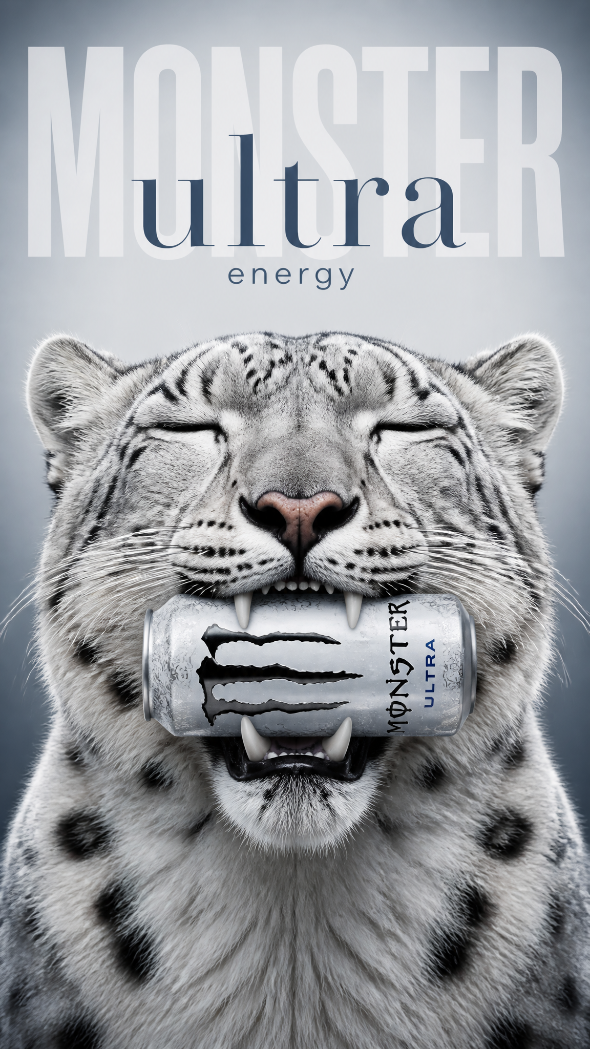 A vertically oriented commercial advertisement poster blending photorealistic CGI animal …