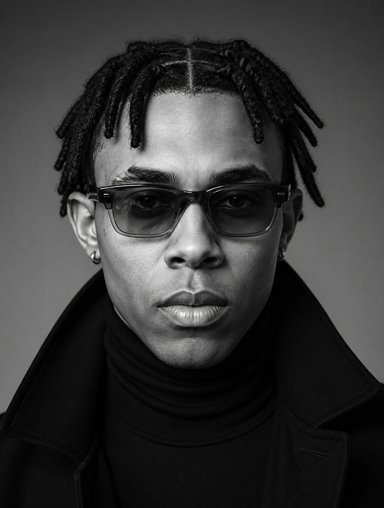 A studio-style close-up editorial portrait of Peter Mensa with strong, well-defined facia…