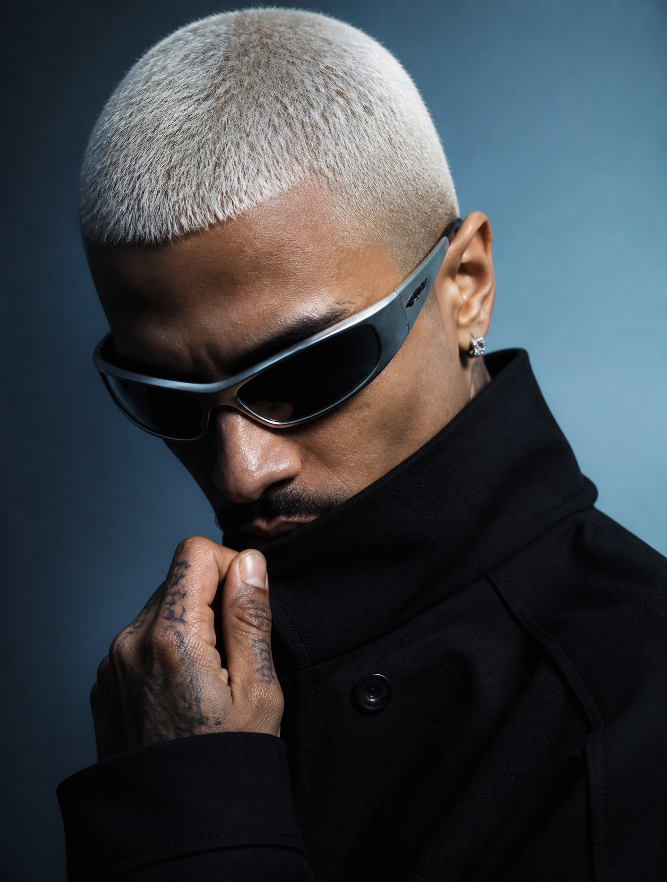 A realistic photograph of a man posed in a high-fashion editorial studio portrait, his he…