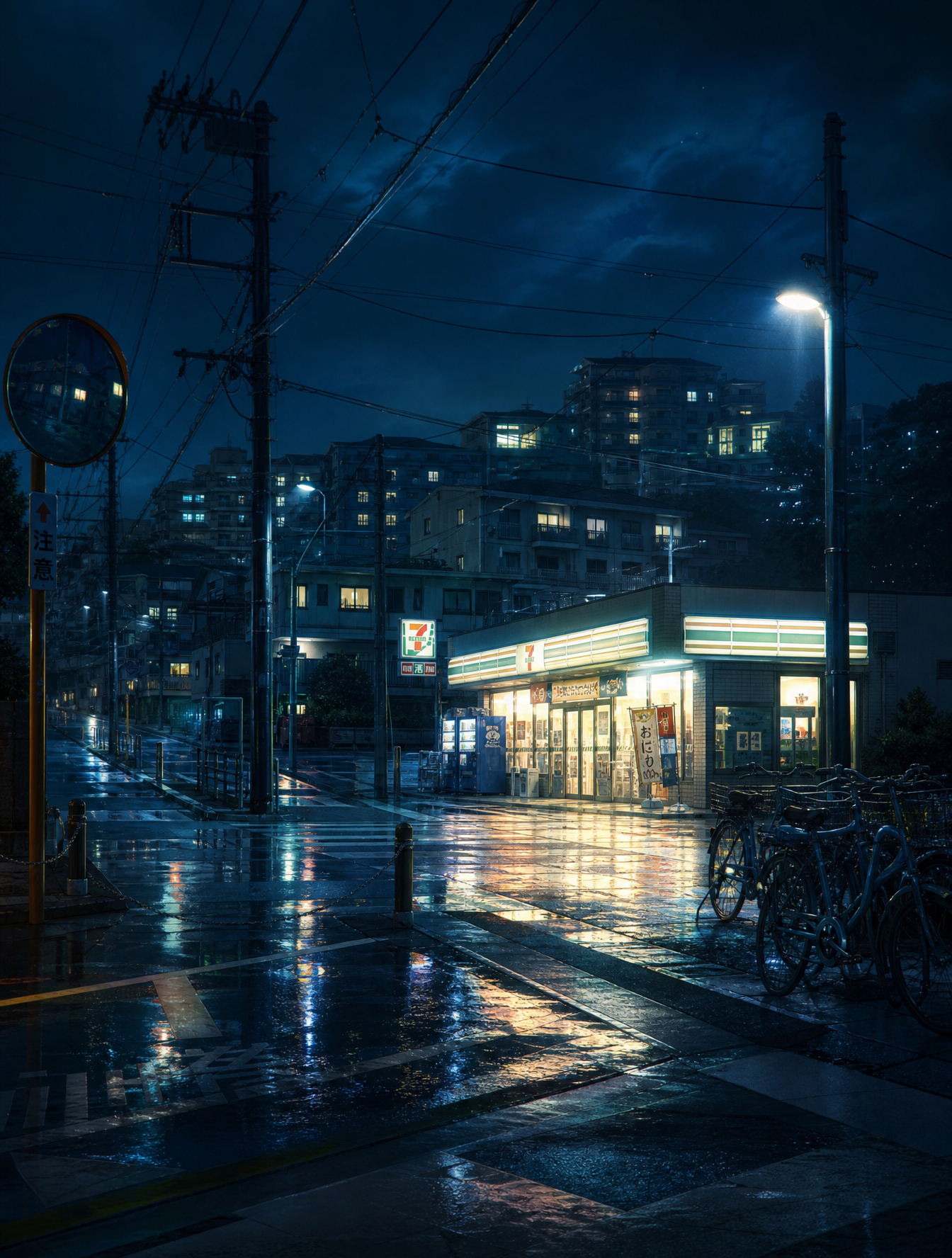 A lonely 24-hour convenience store glowing at midnight beside a quiet suburban road, warm…