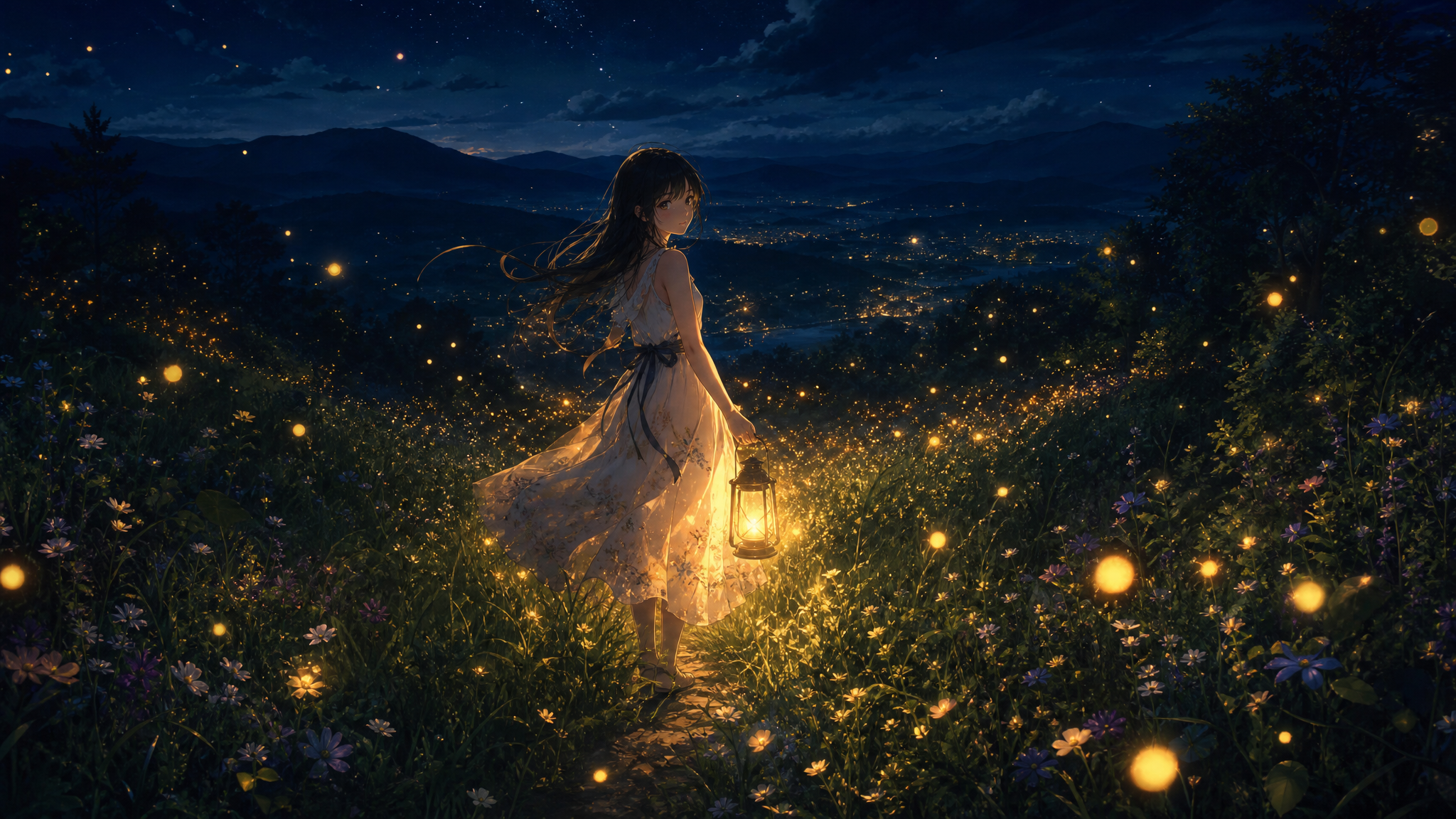 A girl walking through a meadow illuminated by thousands of glowing fireflies, warm lante…