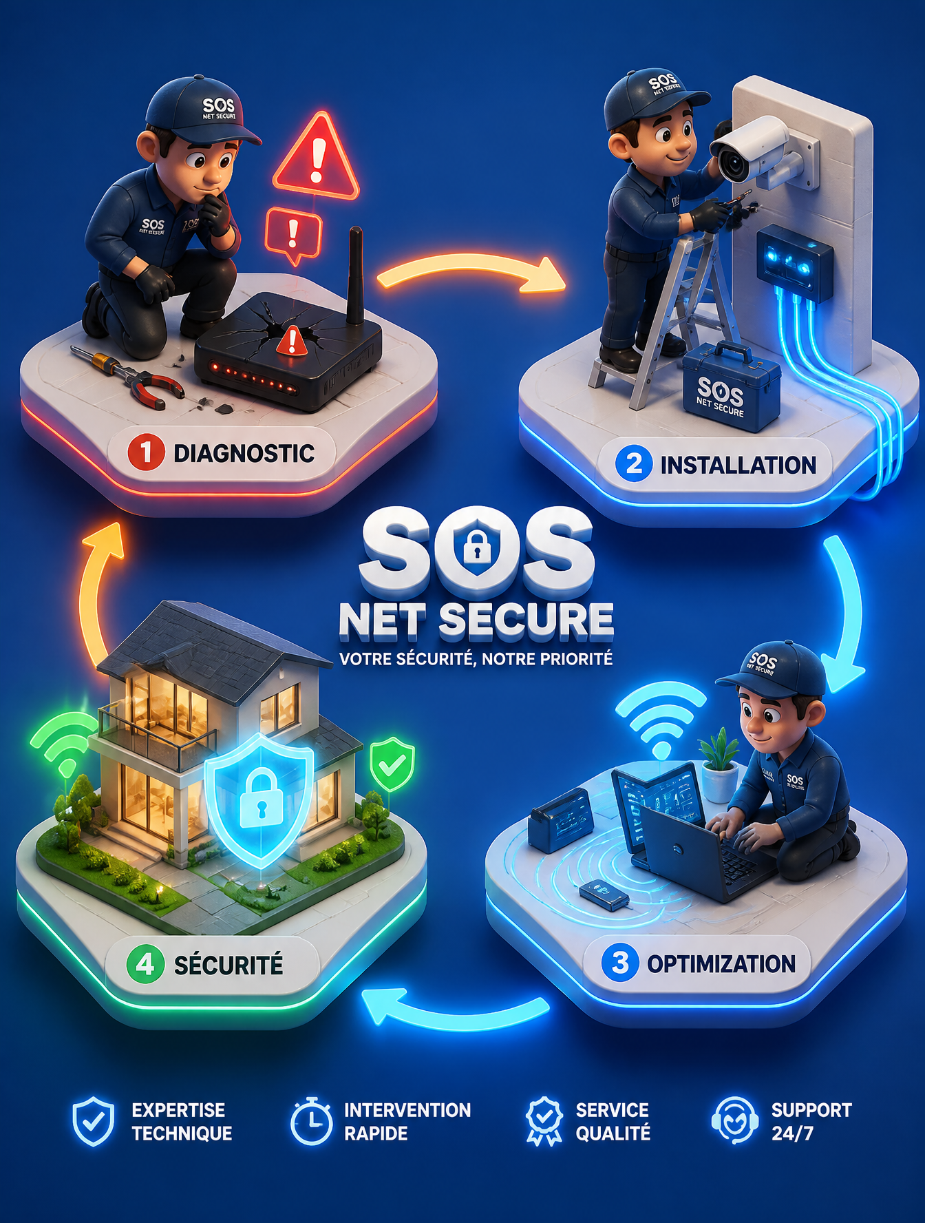 sometric 3D workflow illustration of a professional IT and Security service called "SOS N…