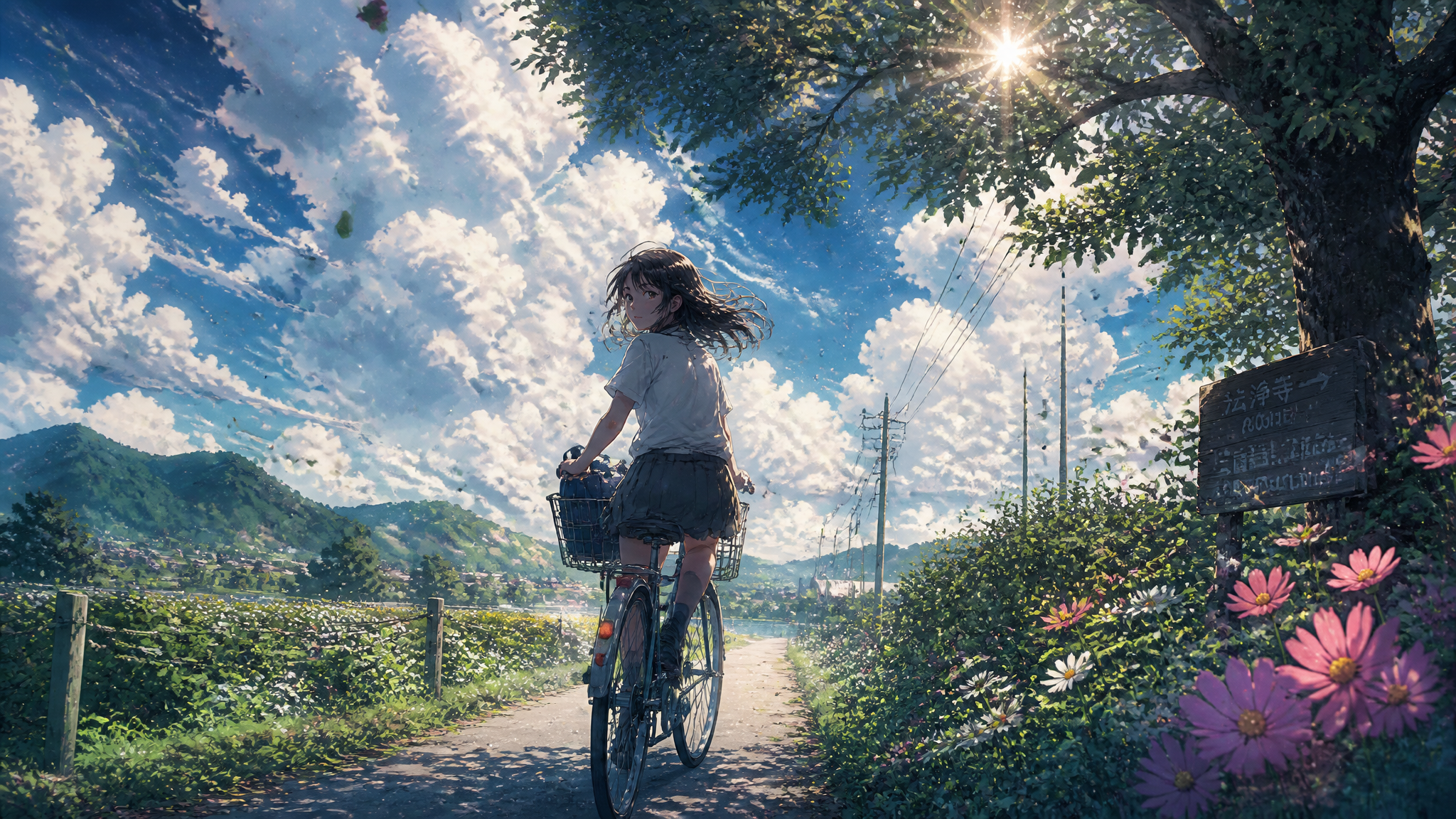A teenage girl riding an old bicycle along a narrow countryside road surrounded by wildfl…