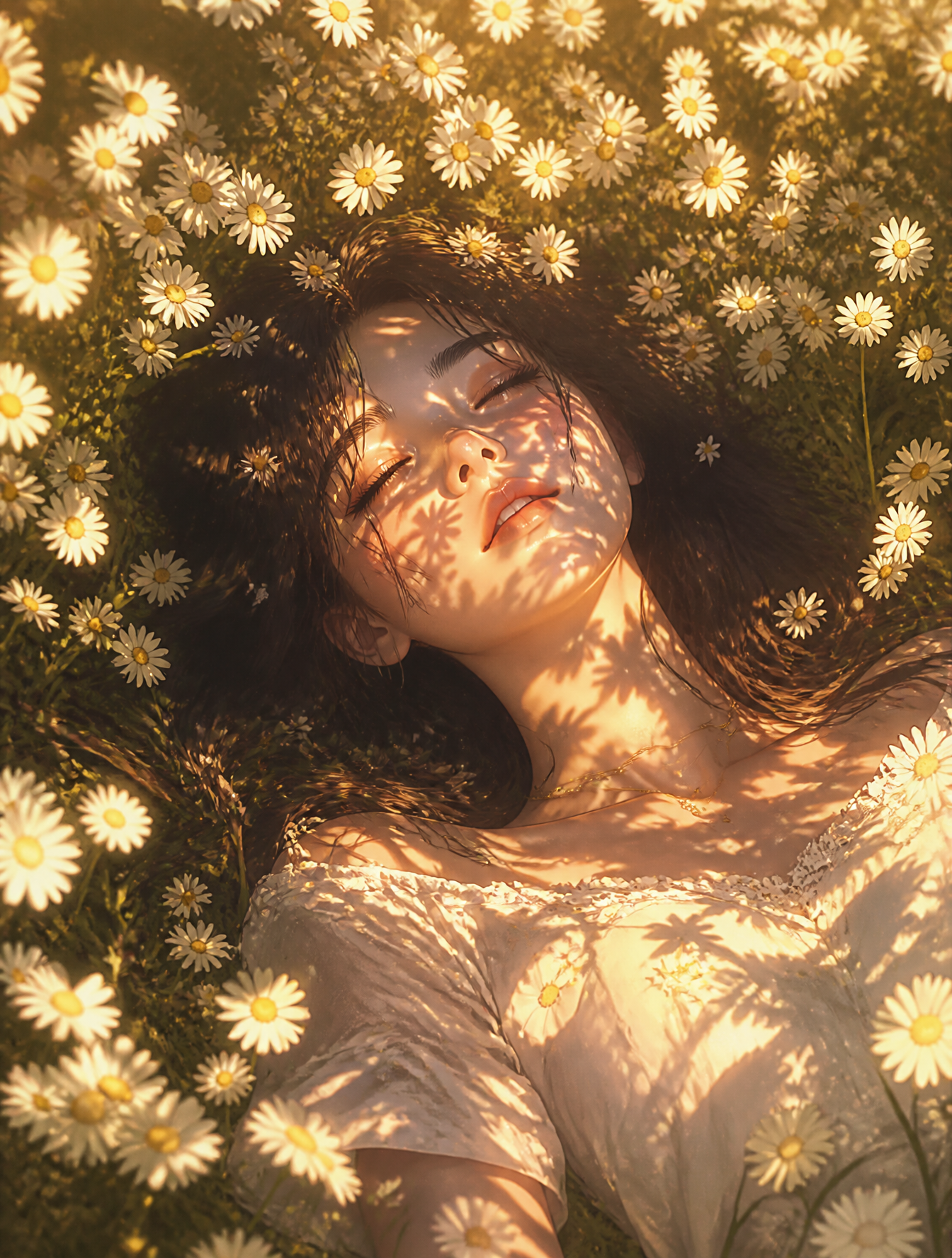 A young woman lying in a vast field of white daisies, sunlight filtering through petals a…