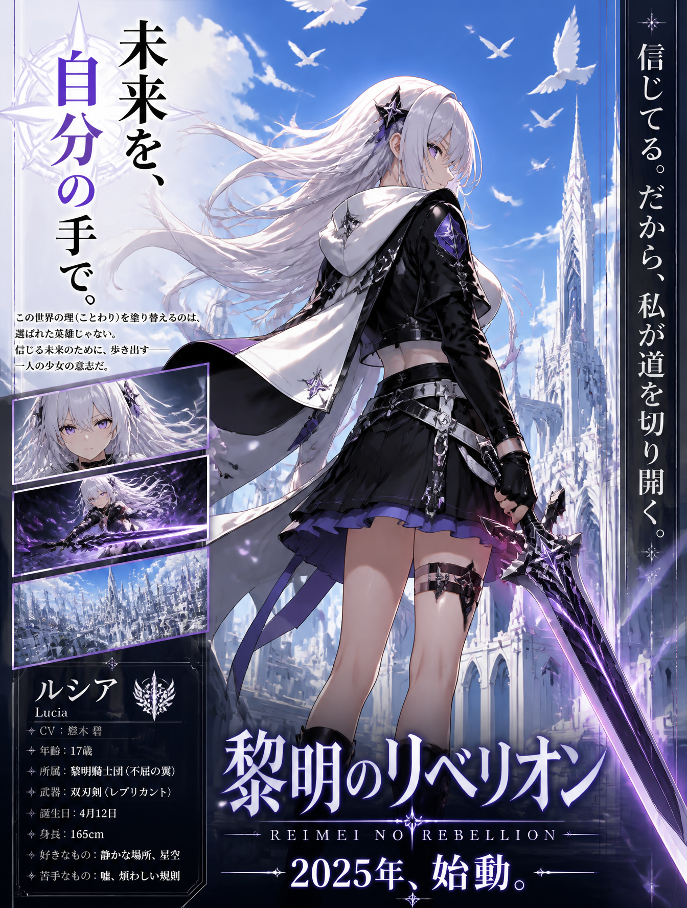 A polished anime-style vertical key visual poster for a futuristic fantasy action series.…