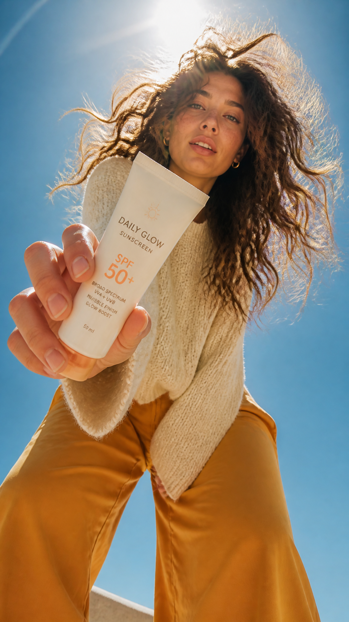Ultra-wide-angle low-angle 9:16 cinematic fashion editorial shot from ground perspective,…