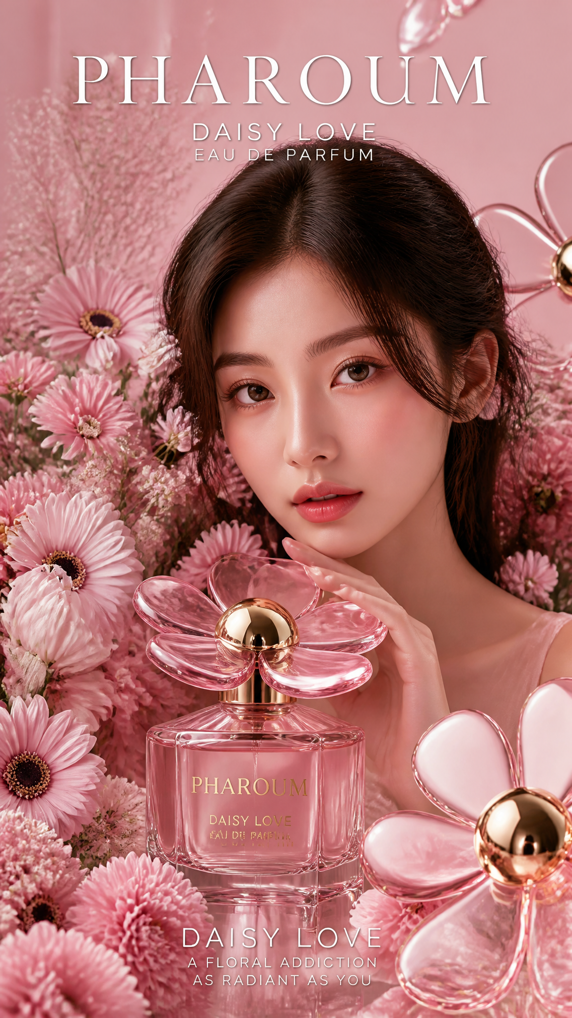 Ultra-luxury perfume advertising campaign for PHAROUM Daisy Love Eau de Parfum, vertical …