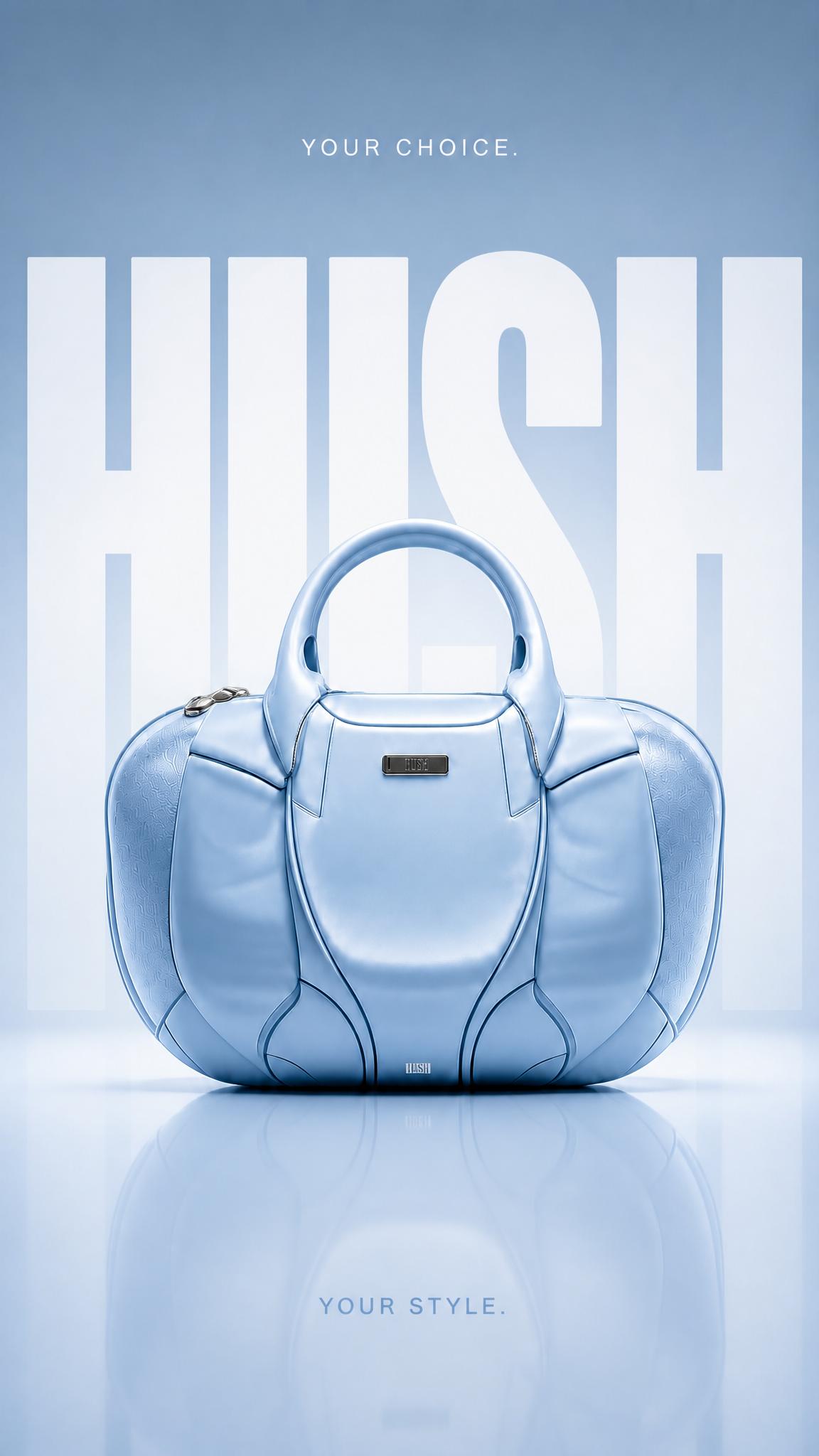 Ultra-luxury fashion advertising poster, vertical 9:16 composition, premium baby blue des…