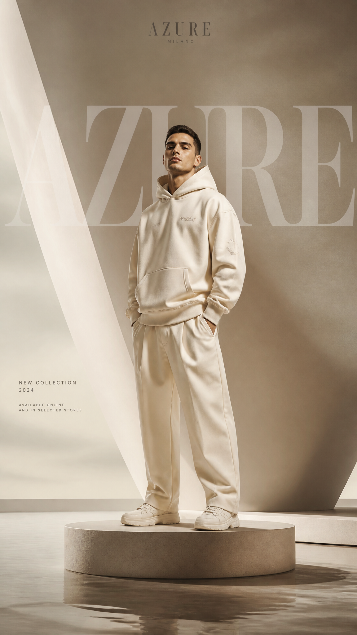 Ultra-luxury clothing brand advertising poster, vertical 9:16 fashion campaign, confident…