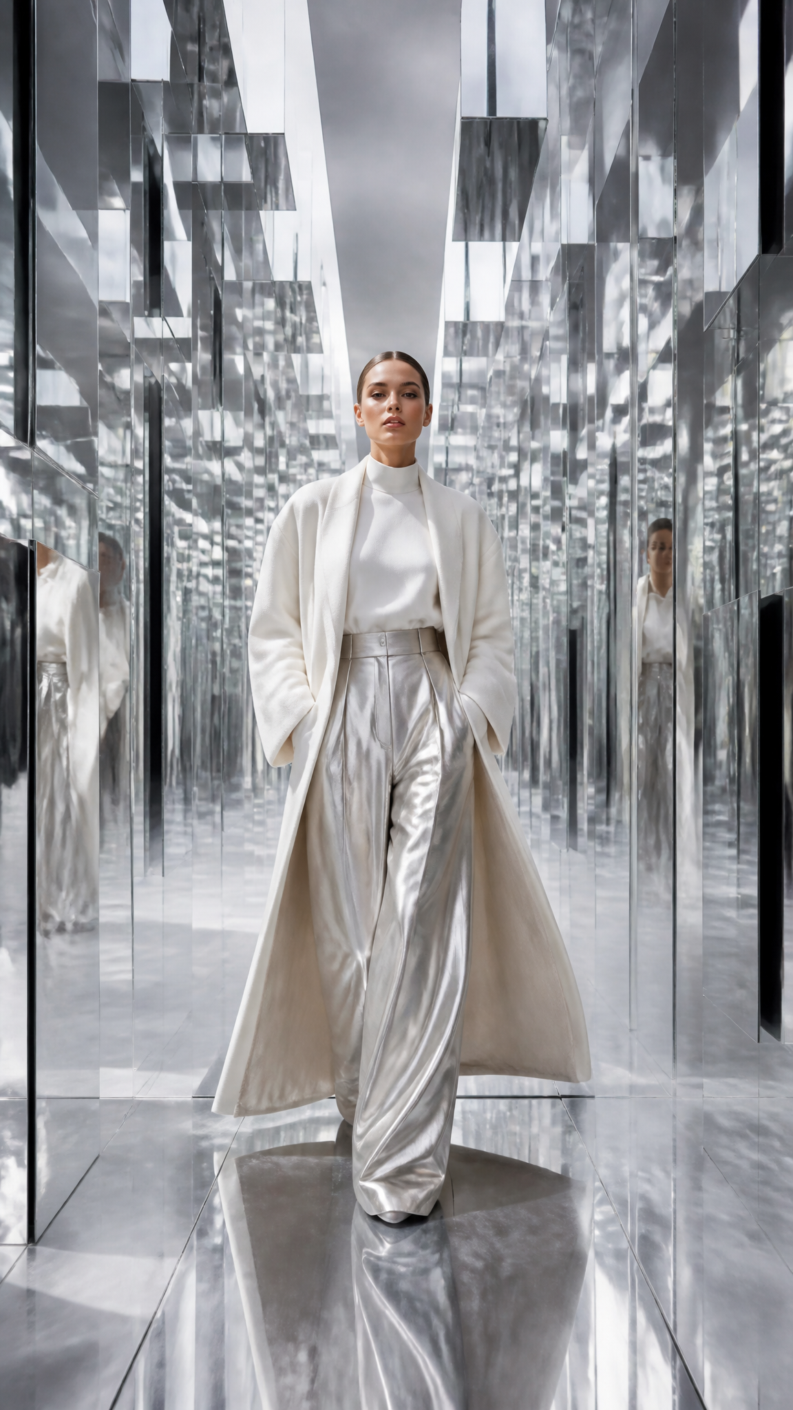 Ultra-luxury fashion editorial campaign, vertical 9:16 composition, a confident model wal…