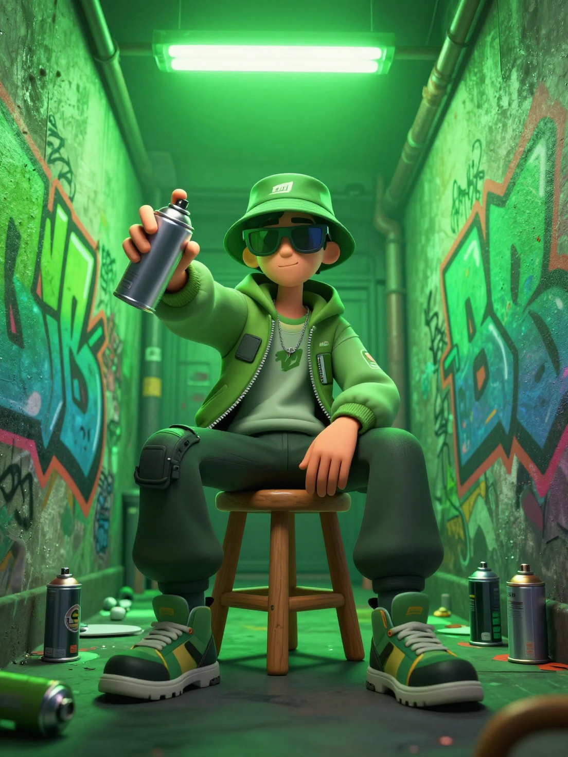 A stylized 3D character with a street-art aesthetic sits on a wooden stool in a narrow, v…