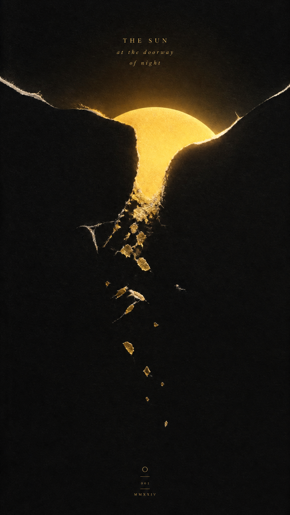 The sun standing at the doorway of night, vertical editorial illustration poster, deep bl…