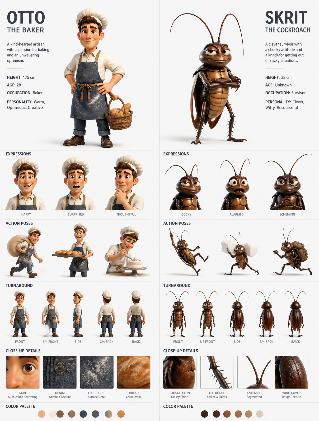 A professional 3D character design sheet displays two distinct protagonists, a human bake…