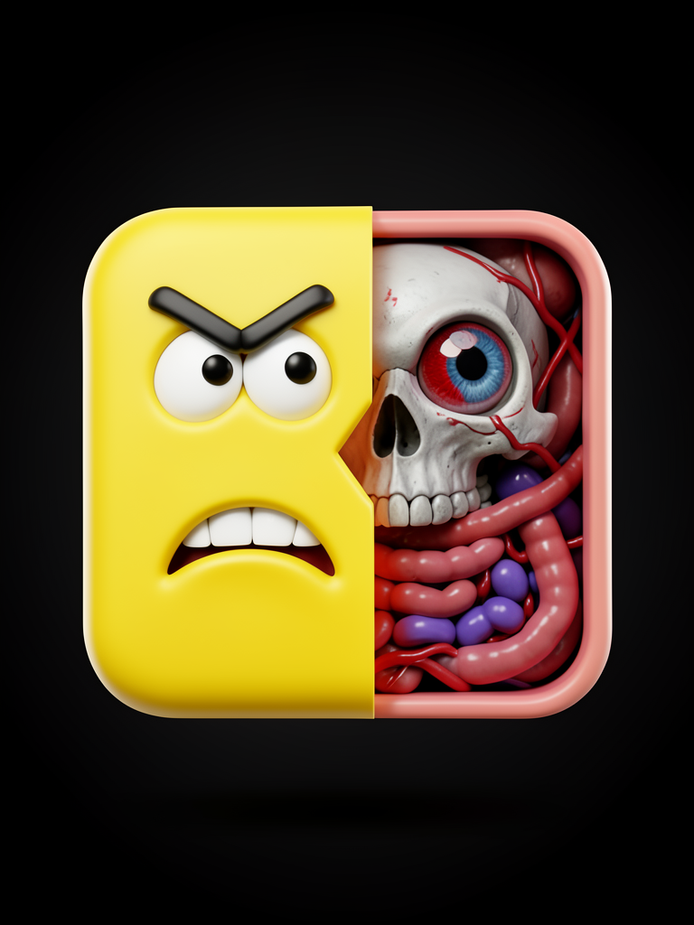 A 3D rendered square-shaped cartoon emoji character with bright yellow smooth plastic sur…