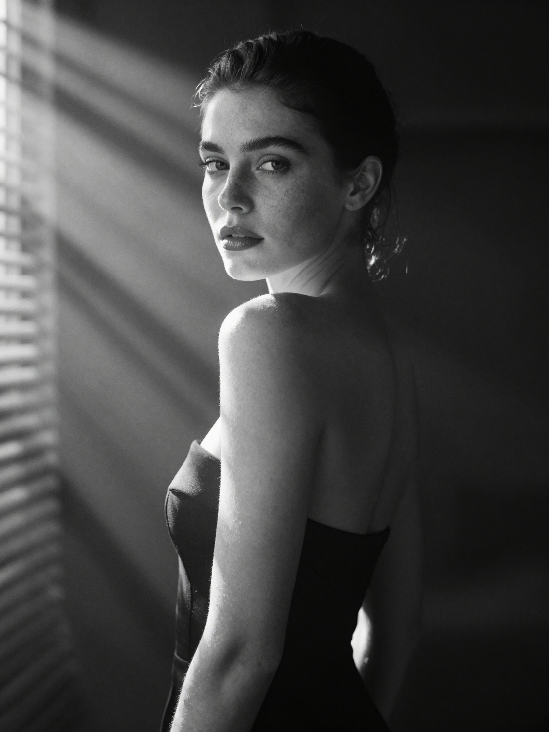 A hyperrealistic 8k black and white cinematic mid shot portrait of a beautiful woman with…