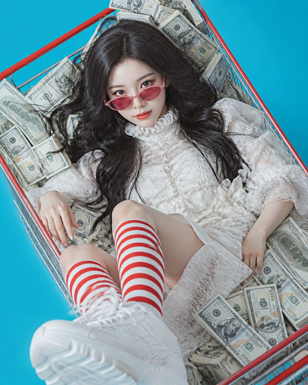High-angle portrait of a young woman lying inside a red and silver metal shopping cart ov…