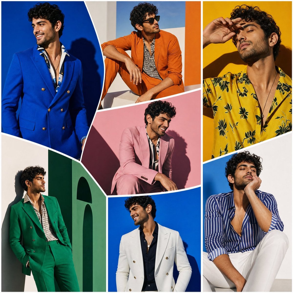 The SAME male model displayed across oversized random-shaped fashion panels inspired by m…