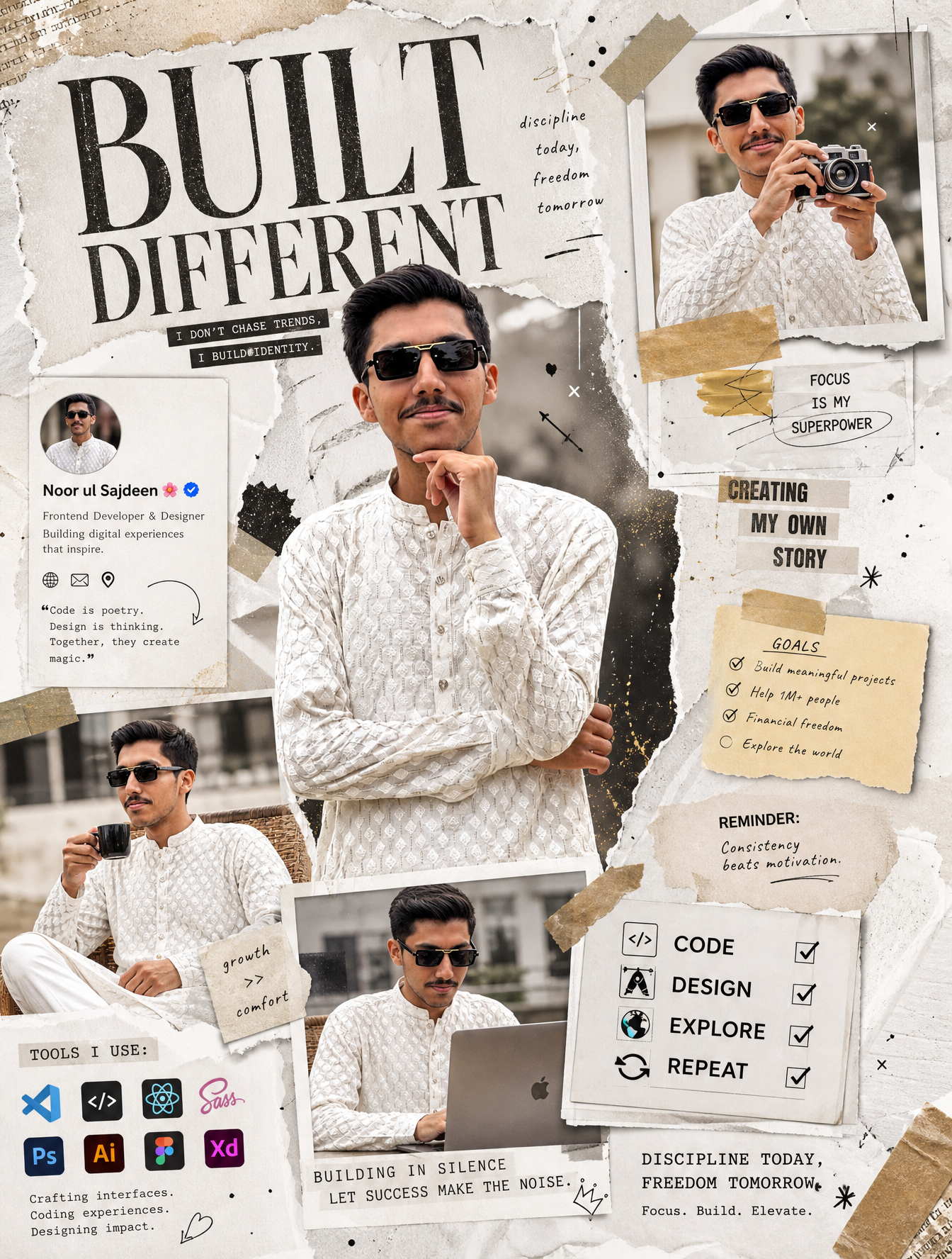 A bold, editorial-style digital collage in a monochrome white and beige theme with subtle…
