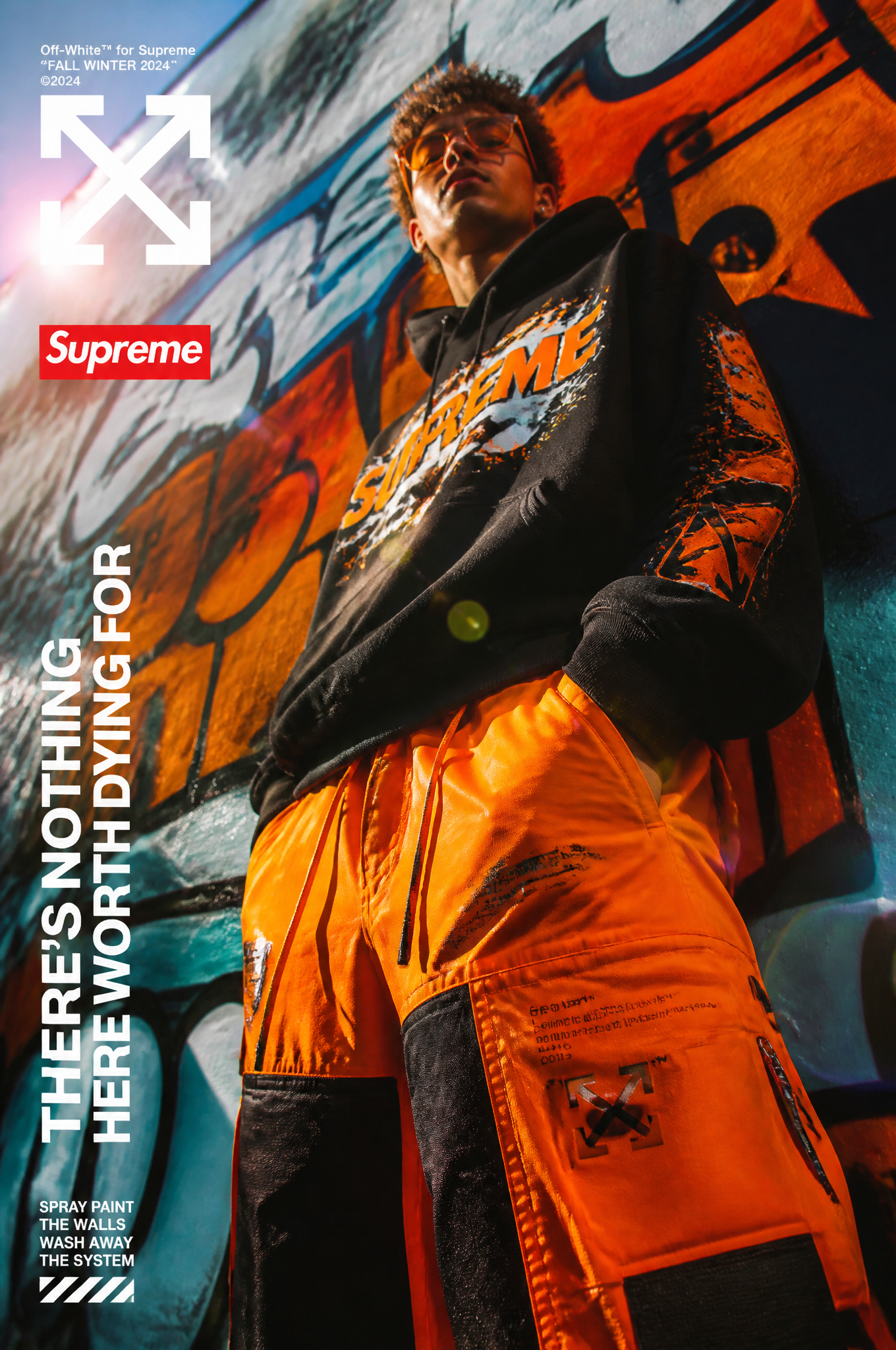 A bold urban streetwear editorial campaign poster, a young male model wearing oversized g…