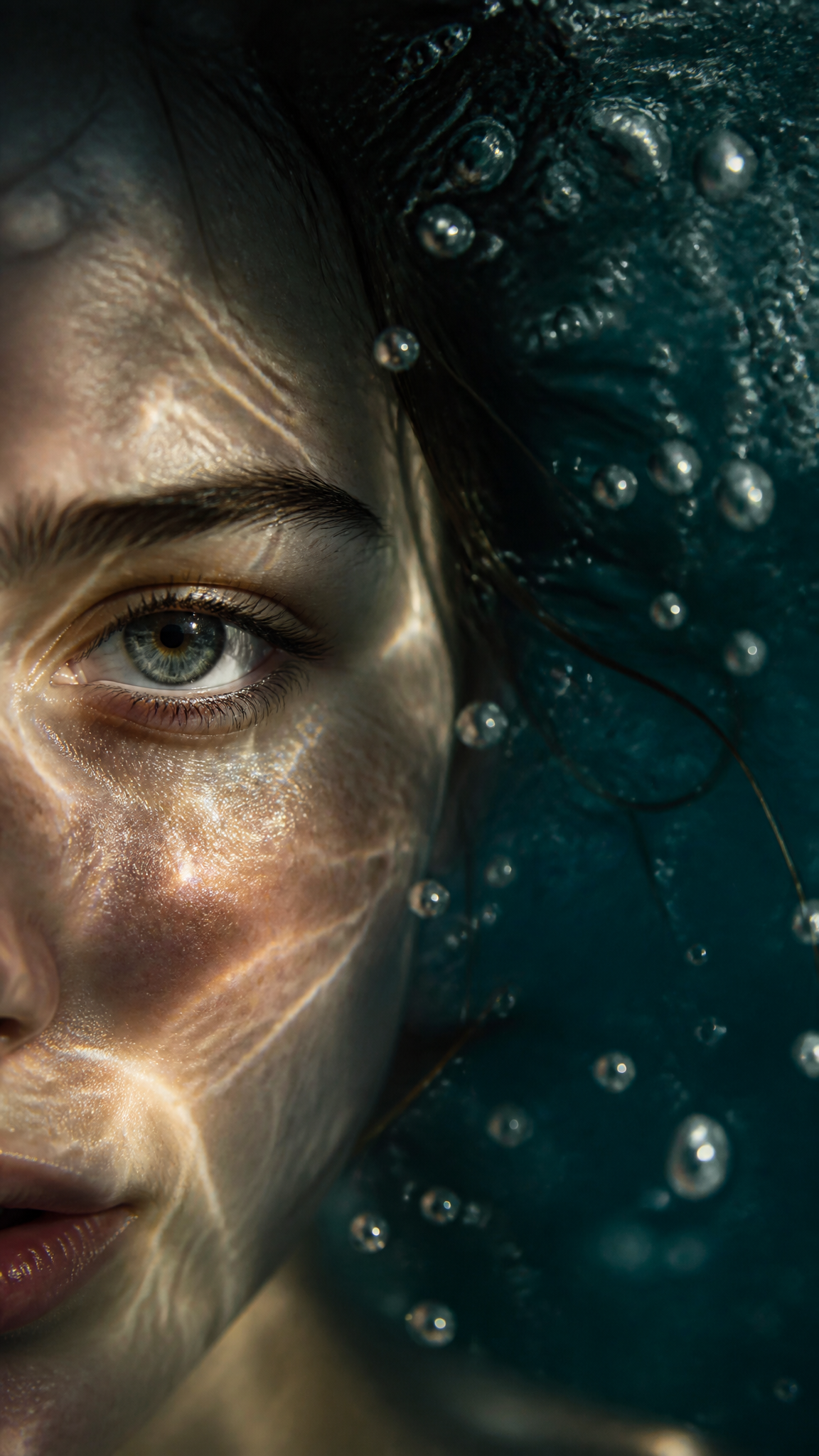 Hyper-realistic, ultra-detailed close-up portrait showing only the left half of my face s…