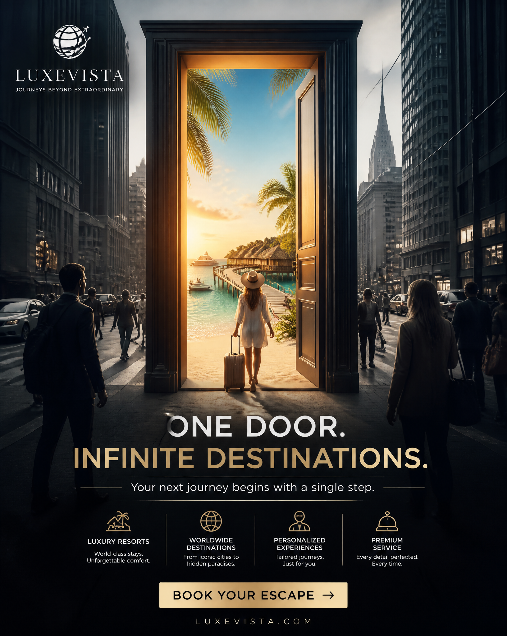 Create a Cannes Lions-level premium advertising poster for a luxury travel brand.Creative…