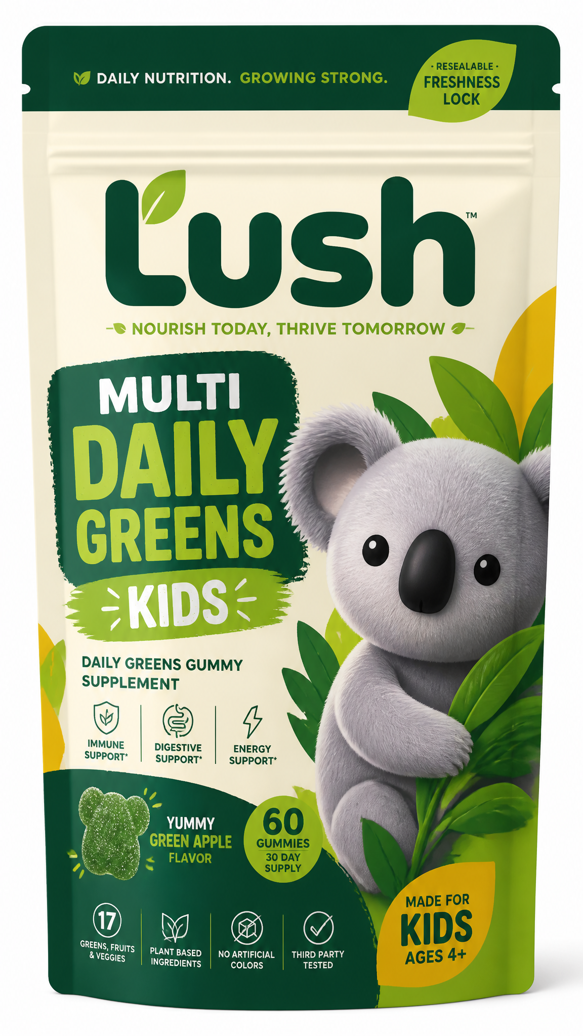 Create a distinctive packaging concept for a kids daily greens gummy supplement line desi…