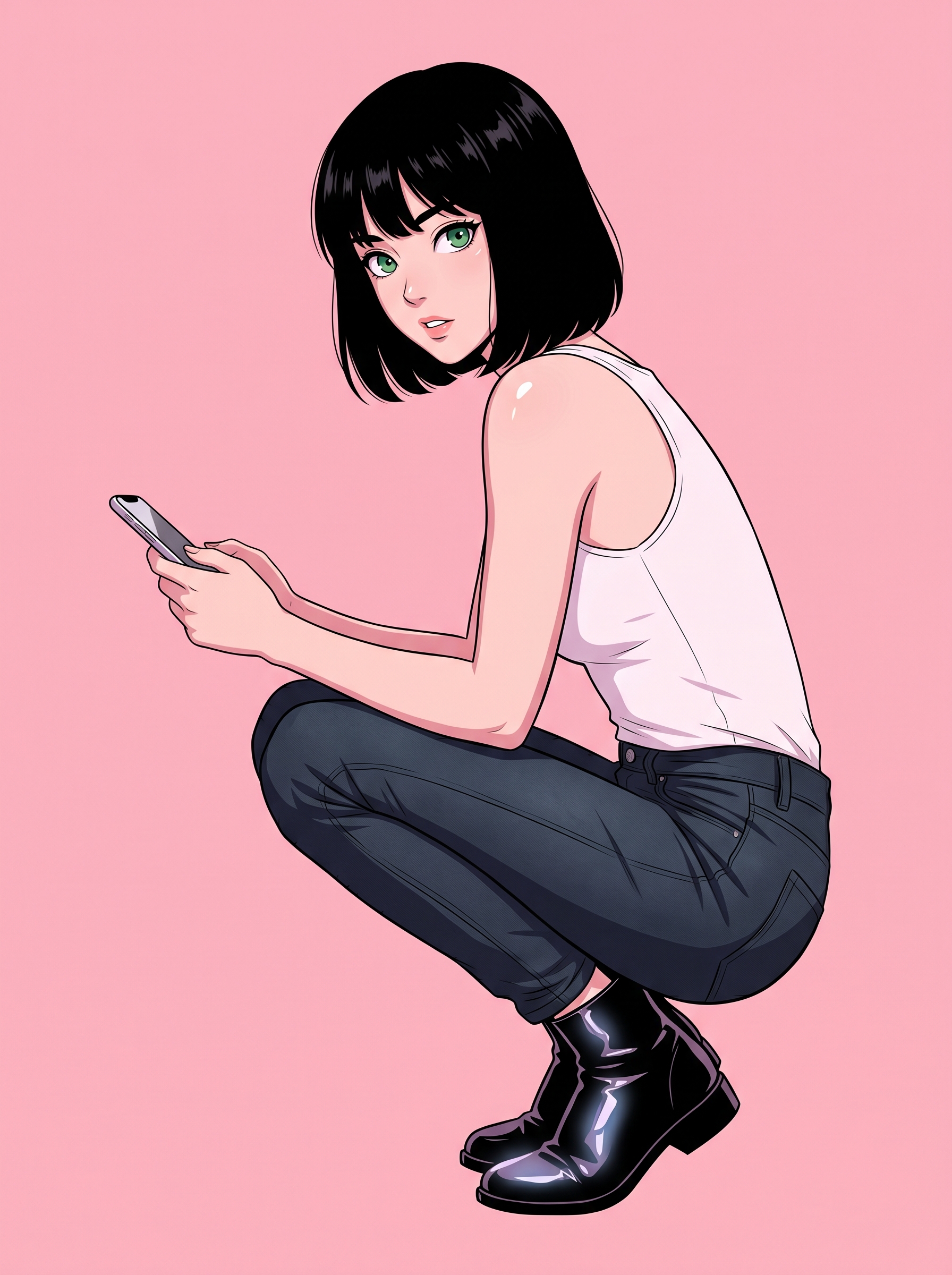 A stylized anime-inspired portrait features a young woman with chin-length black hair and…