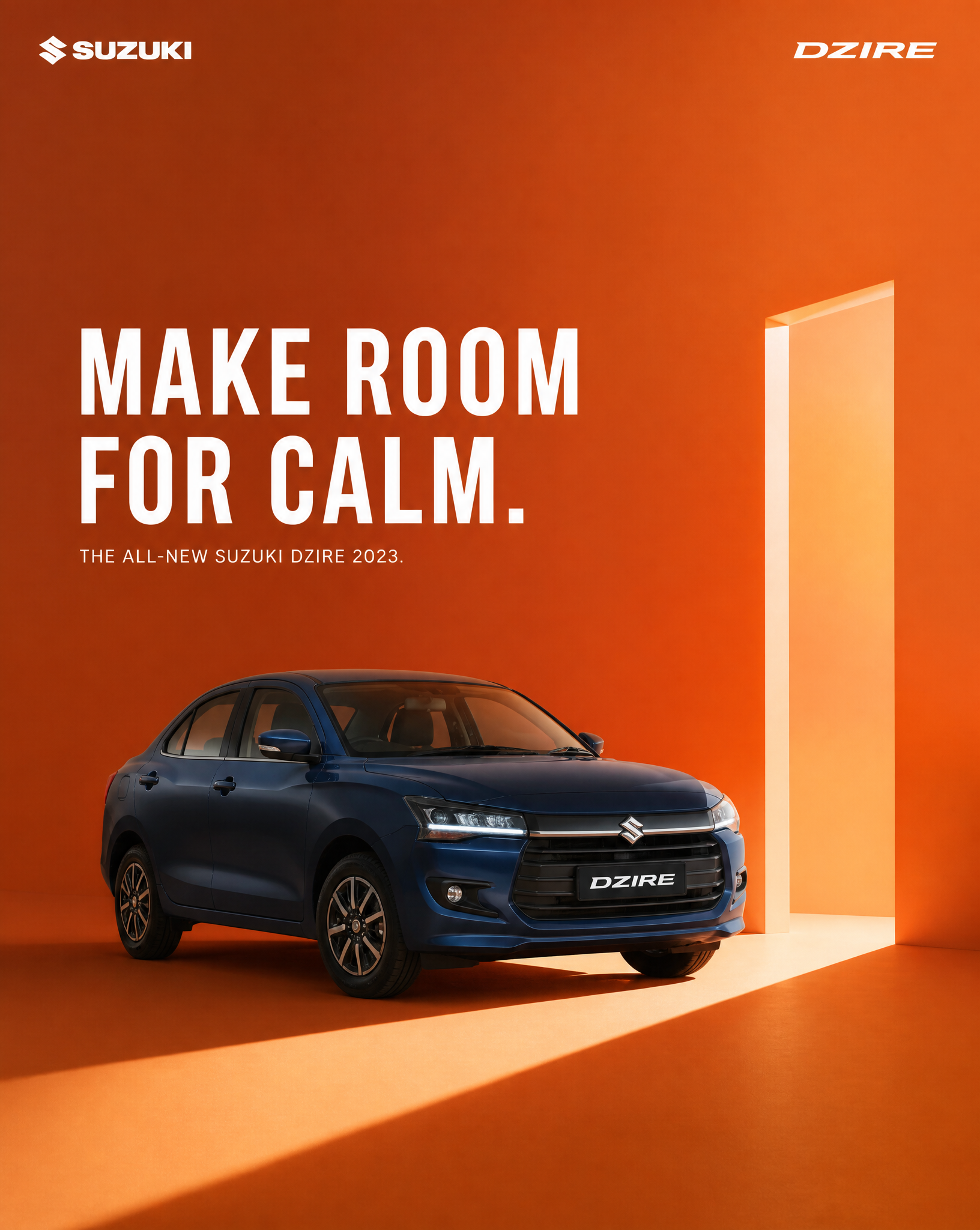 Create an ultra-premium conceptual automotive campaign poster for Suzuki Dzire 2023