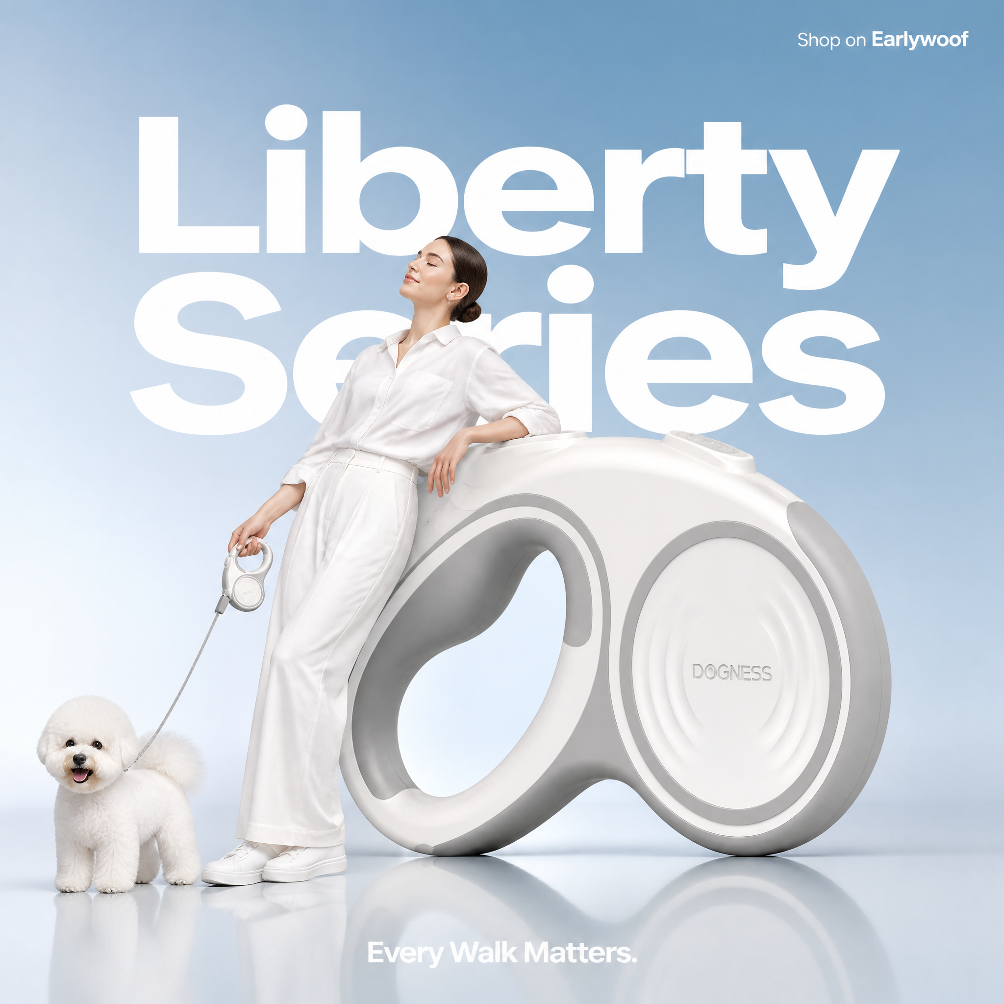 Minimalist commercial ad featuring oversized light grey and white Dogness leash, ultra-cl…
