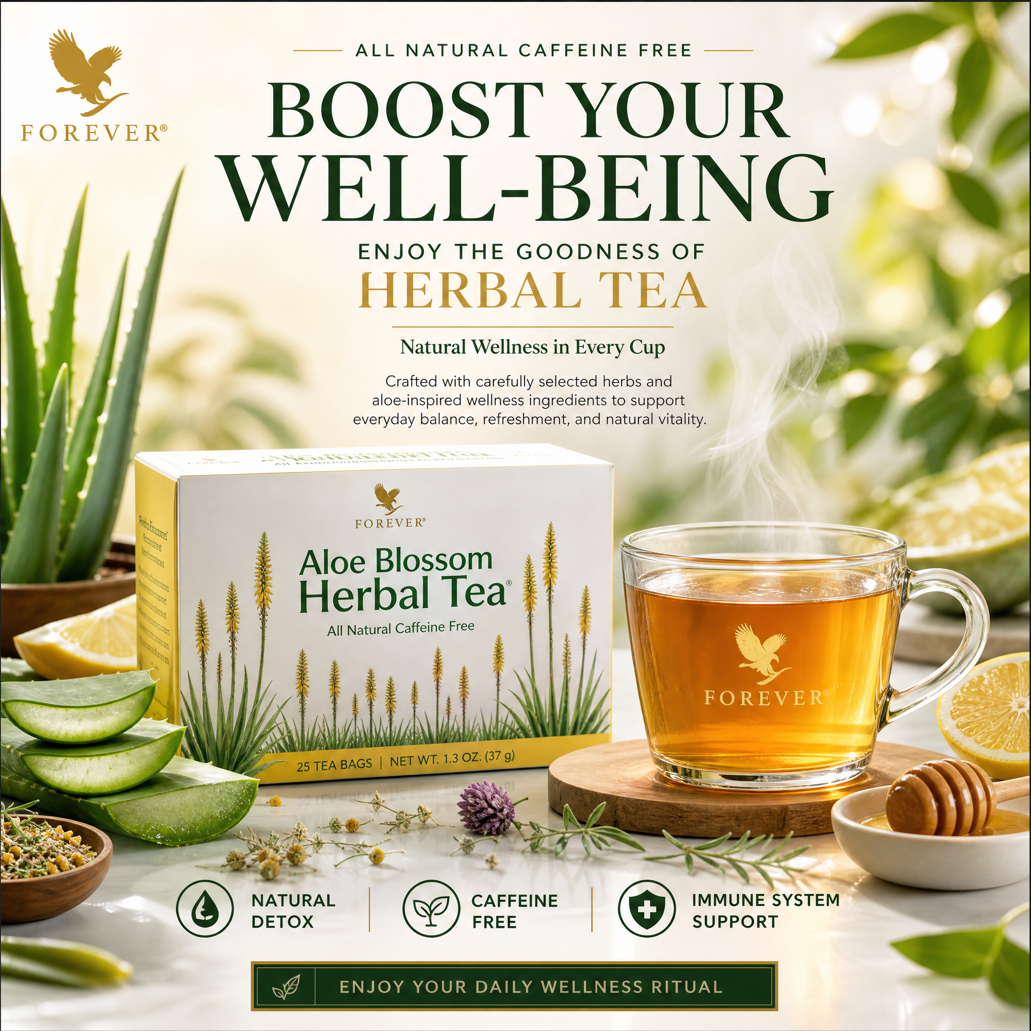 Create a premium wellness advertising poster for a herbal tea brand. Design it as a polis…