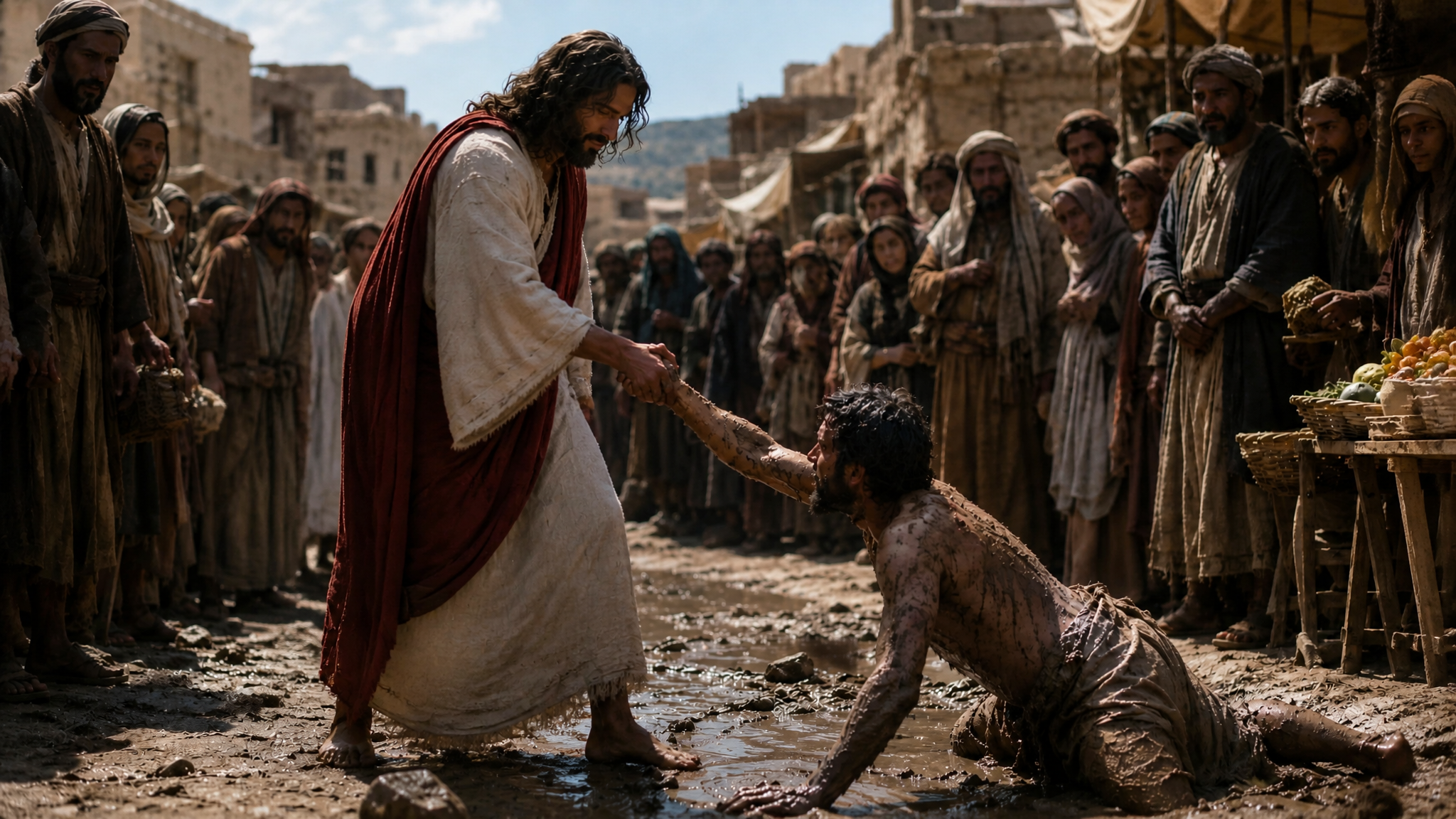 Jesus helping a man who fell into mudan Ancient Epic cinematic shot of  an ancient jewish…