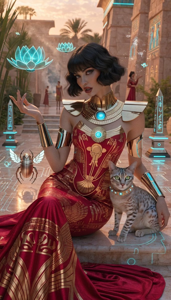Photorealistic retro-futuristic Egyptian cyberpunk queen seated regally on polished templ…