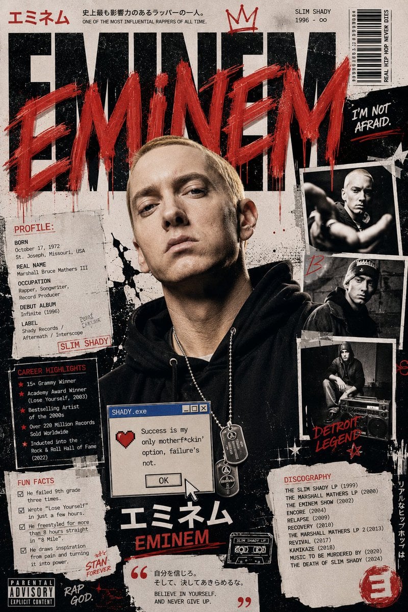 Create an ultra-premium modern Japanese street-art editorial poster featuring [EMINEM] as…
