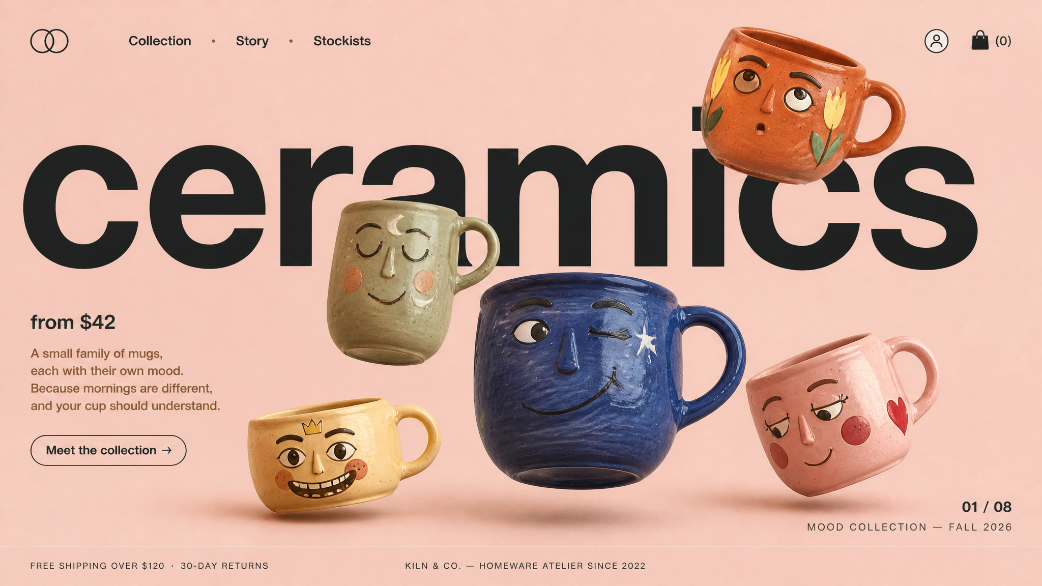 Horizontal desktop landing page hero section for a fictional playful homeware store calle…