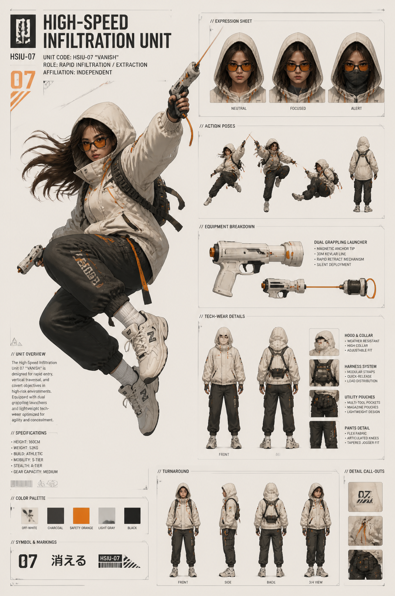 A dynamic character concept sheet showcases a "High-Speed Infiltration Unit" in a mid-air…