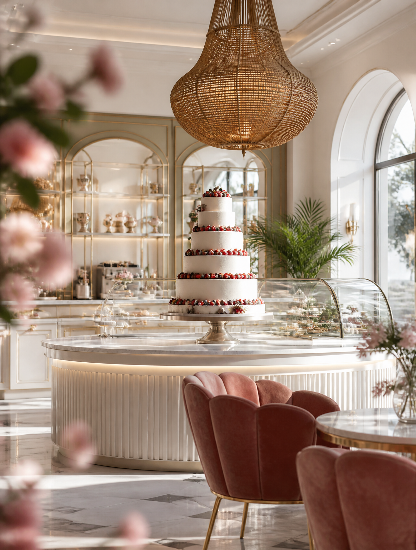 Cinematic slow dolly forward shot moving through a luxurious cake shop interior. In the f…
