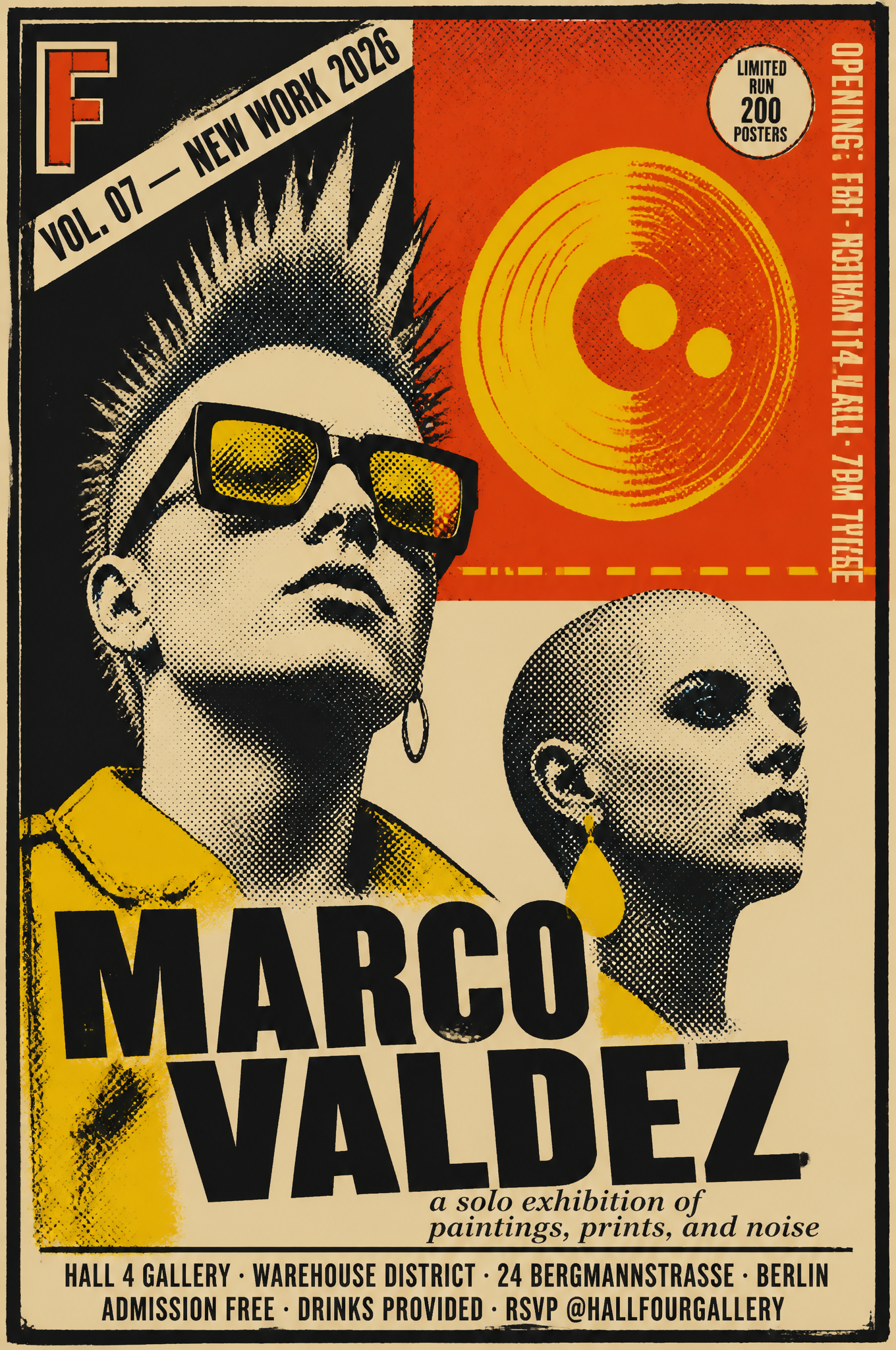 A vertical exhibition invitation poster in the aesthetic of 1970s–80s punk silkscreen pri…