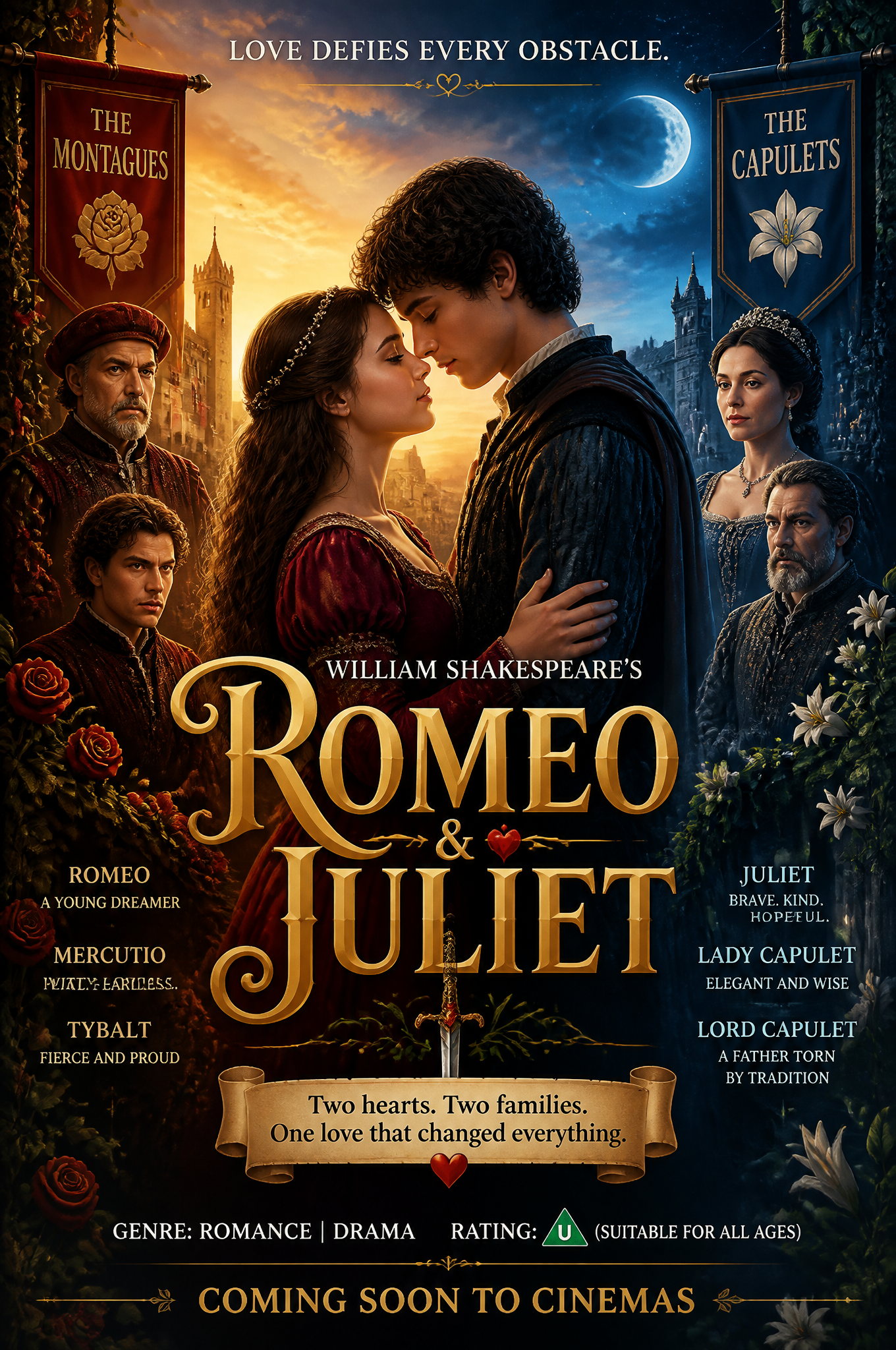 Design a colourful and creative movie poster based on any one famous Shakespeare story. I…
