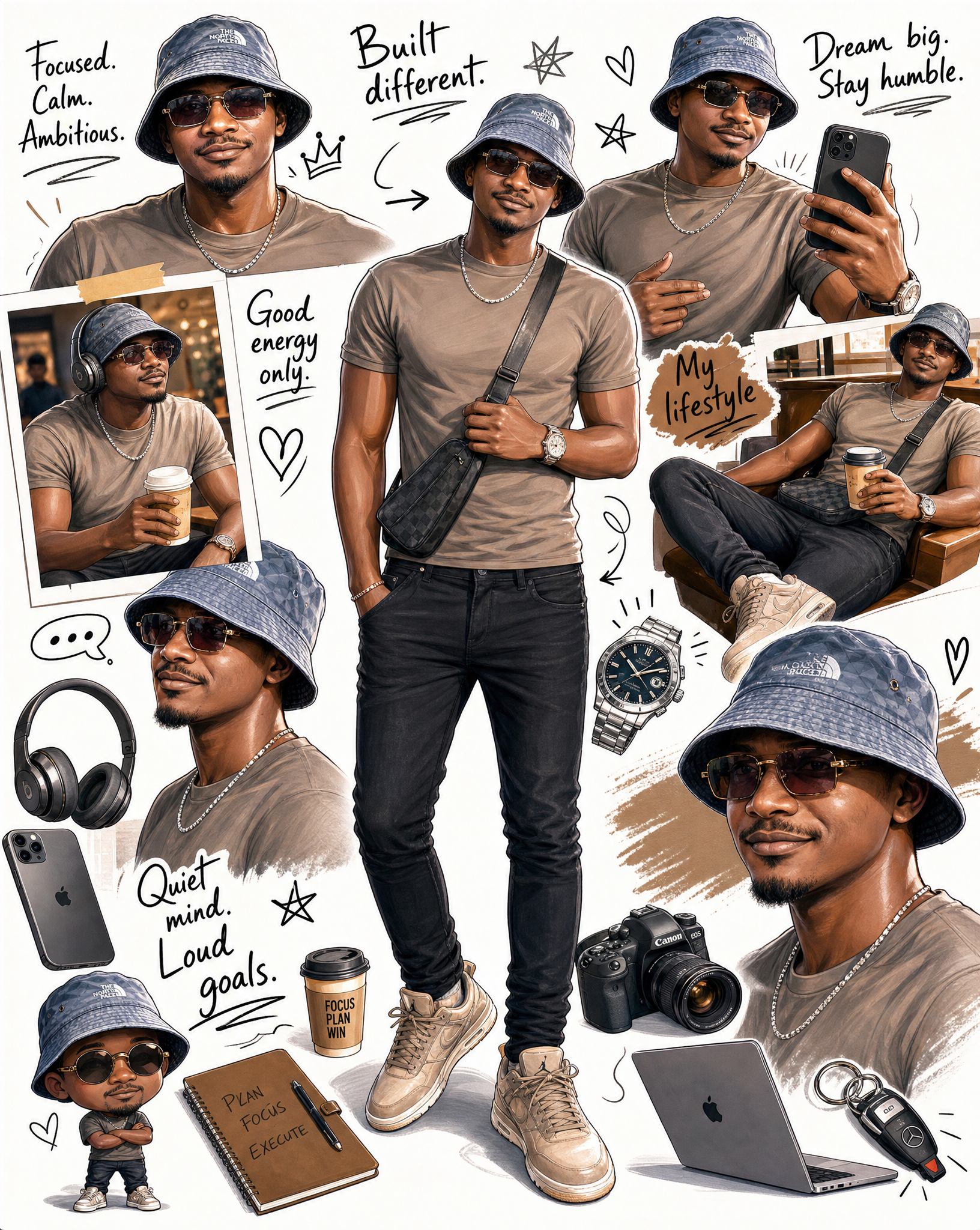 Create a stylish illustrated digital collage / character mood-board of a fashionable youn…